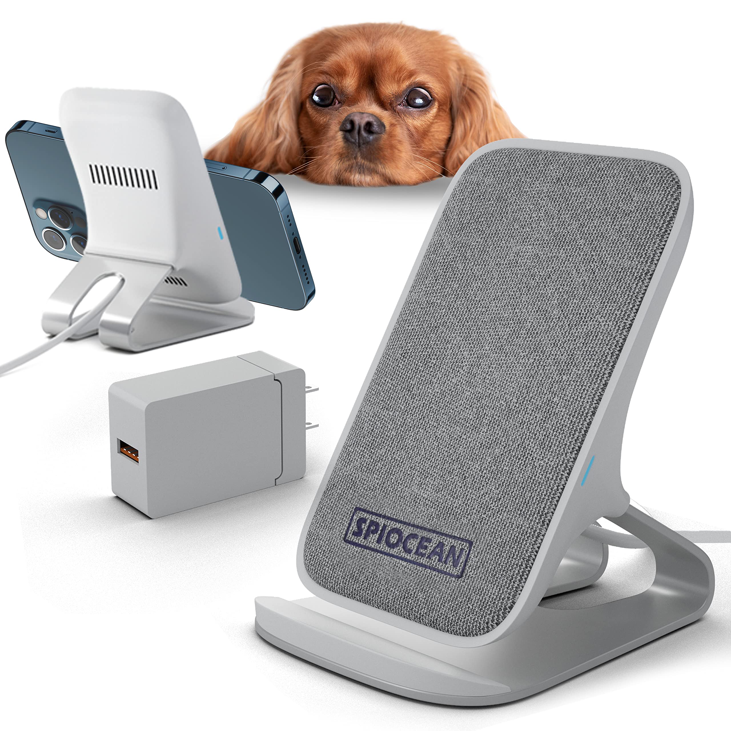 SPIOCEAN Fast Wireless Charger Stand - Qi-Certified 10W Max Charging Pad for iPhone 16/15/14/13/12/11 Series, Samsung Galaxy S22/S21/S20/S10/S9/Note 20 - Includes QC3 Adapter - Perfect for Home, Office & Nightstand Charging