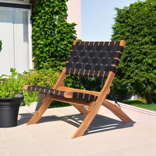 Patio Sense 62774 Sava Folding Chair - Solid Acacia Wood with Woven Seat & Back - Indoor Outdoor Portable Low Slung Chair for Porch, Lawn, Garden, Fishing & Sporting Events - Black Webbing - Perfect for Camping, Picnics, and Backyard Relaxation