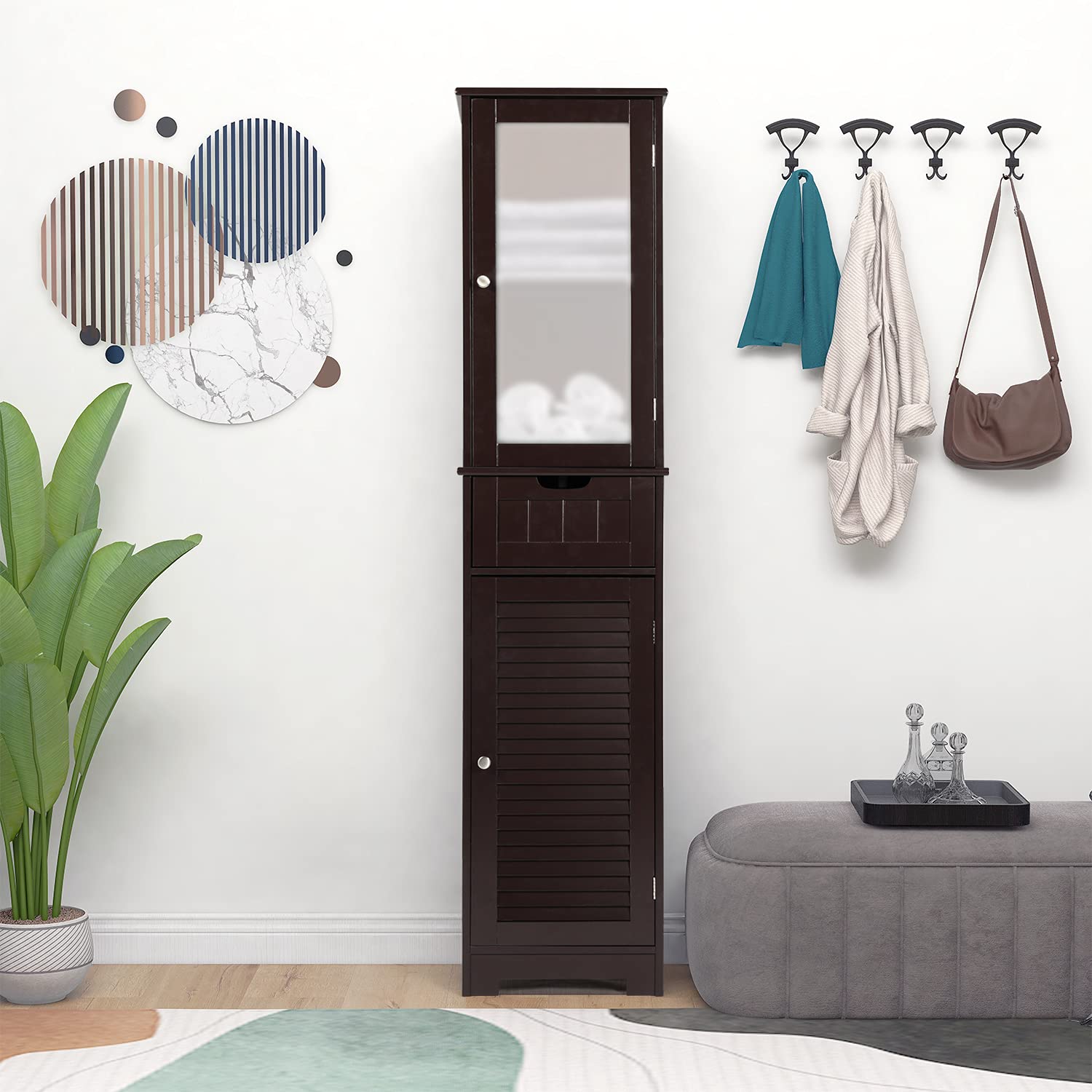 Freestanding Wooden Bathroom Storage Cabinet with Glass Shutter Doors & Adjustable Shelves - Tall Linen Organizer for Bathroom, Bedroom or Laundry Room (Dark Brown) - Perfect for Towels, Toiletries & Home Organization