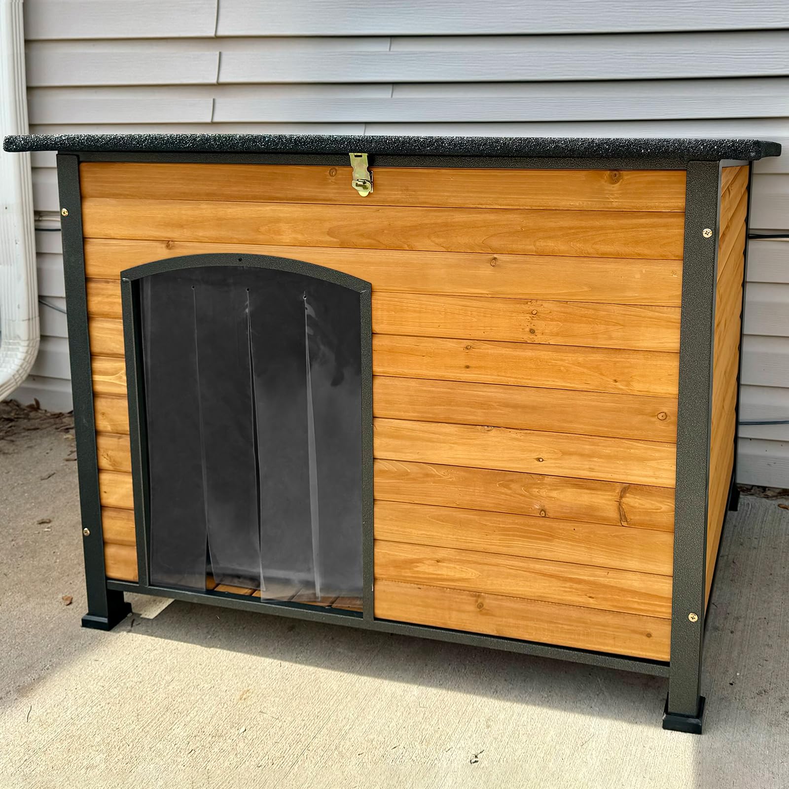 Insulated Outdoor Dog House with Liner - Winter-Proof Wooden Dog Kennel with Sturdy All-Around Iron Frame & Waterproof Design | Perfect for Cold Weather, Backyard, and Pet Safety