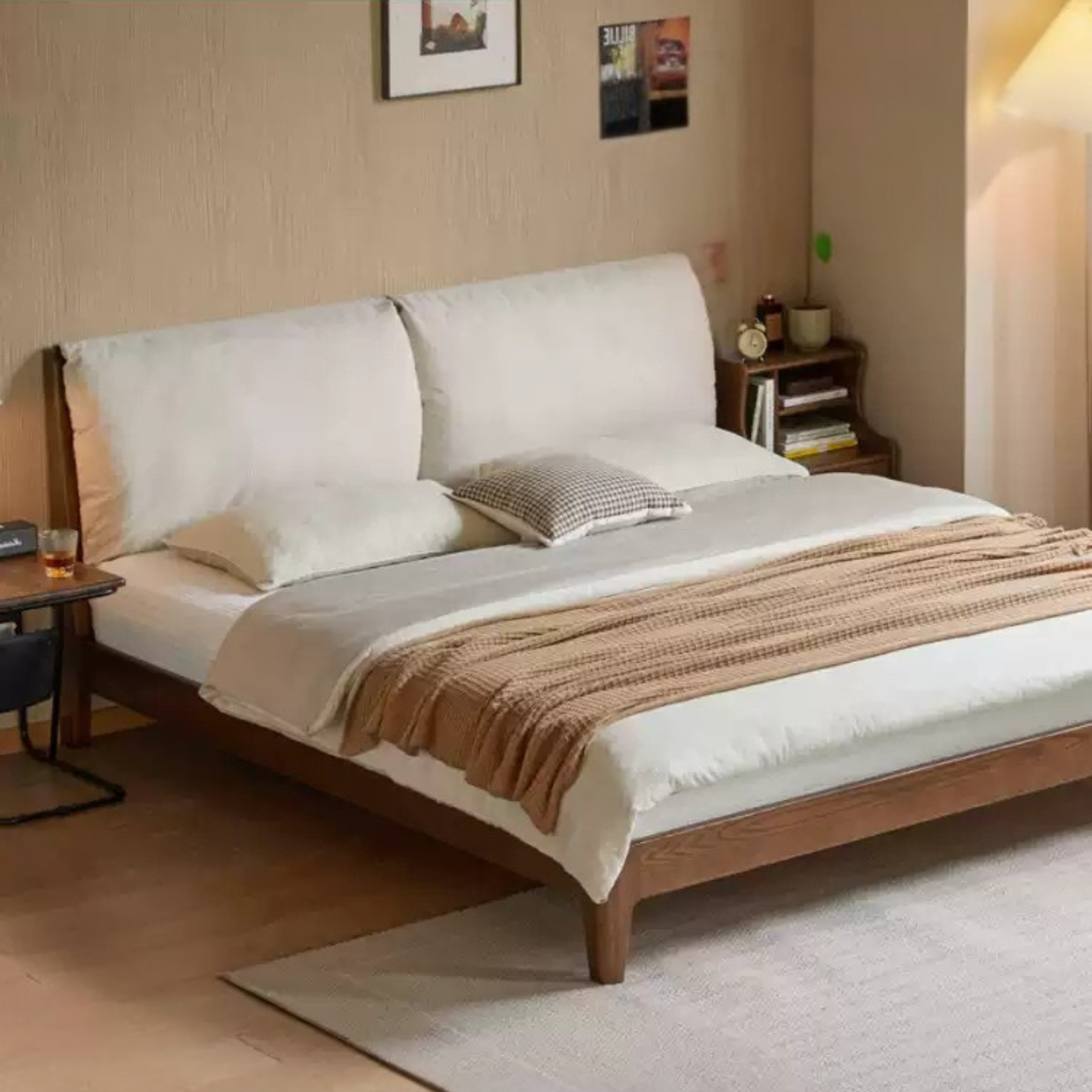 Solid Oak Wood Bed Frame with Soft Fabric Upholstered Headboard - Queen Size, Modern Minimalist Design for Bedroom, Guest Room, or Dorm
