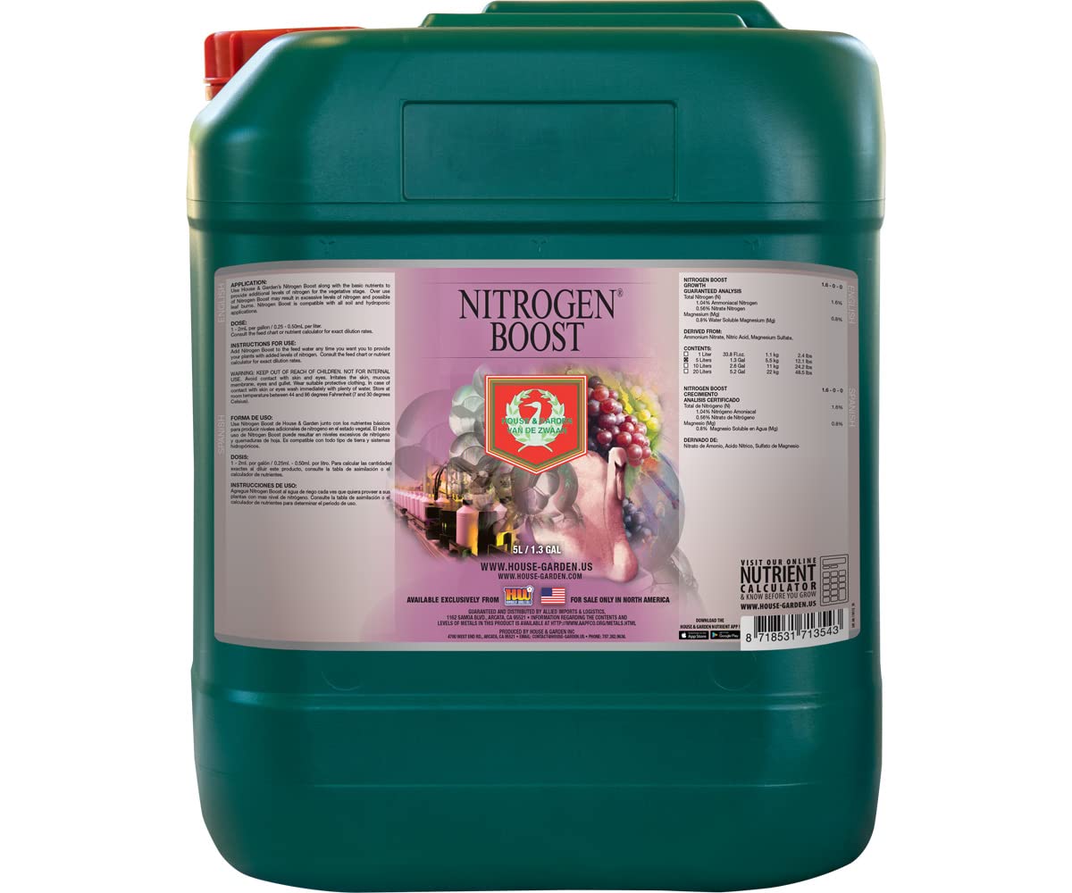 House & Garden Nitrogen Boost 1.6-0-0 Fertilizer - 5 Liter (4 Pack/Case) - High Nitrogen Plant Food for Lush Greenery & Rapid Growth - Ideal for Hydroponics, Indoor Plants, and Garden Vegetables