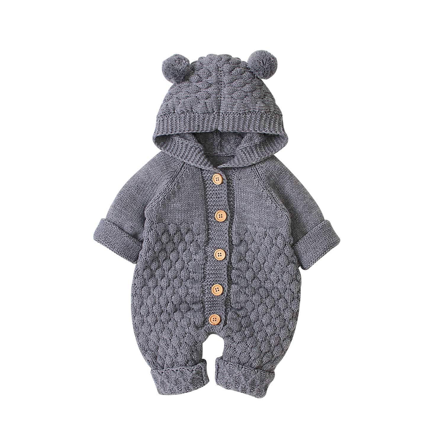 Adorable Newborn Baby Bear Ear Knit Romper - Soft Hooded Cardigan for Boys & Girls | Winter Layette Outfit for Photo Shoots, Family Gatherings & Cozy Home Wear