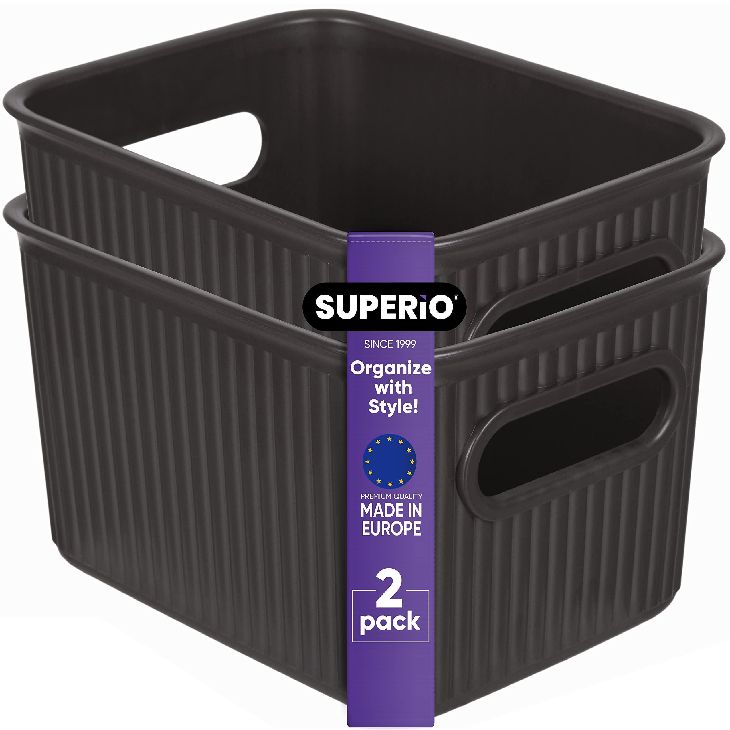 Superior Ribbed Plastic Storage Bins - 2 Pack Small Brown Organizer Baskets for Home, Closet, Shelves & Drawers | 1.5L Decorative Open Container Boxes | Perfect for Bedroom, Bathroom & Office Organization