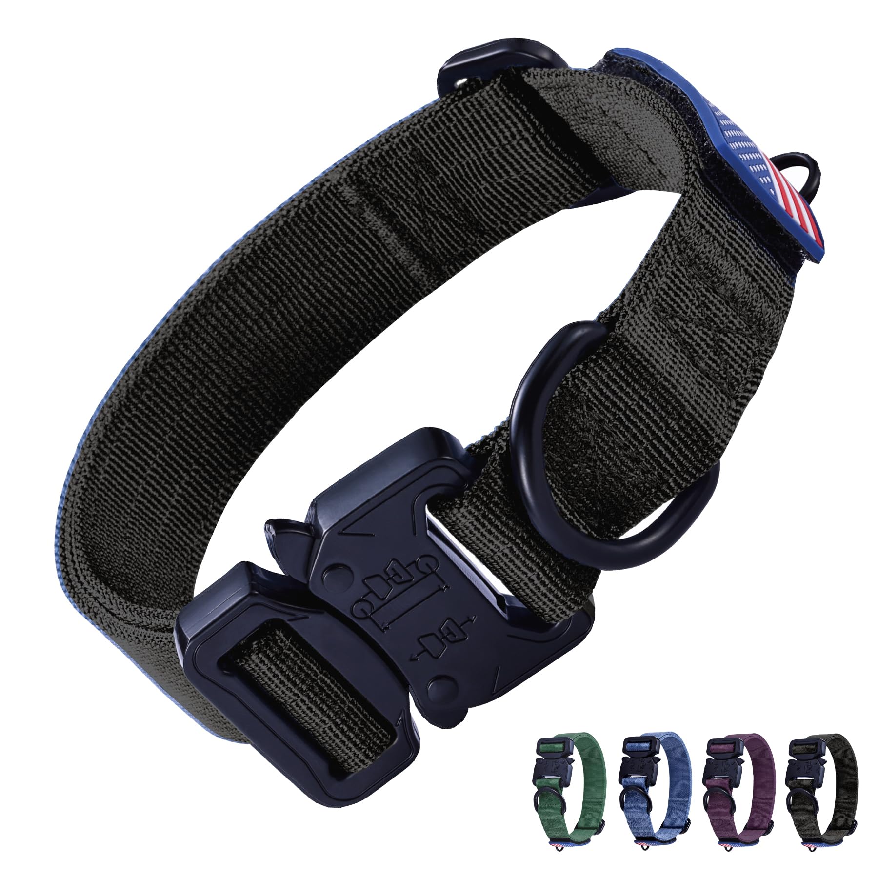 KCUCOP Heavy Duty Adjustable Tactical Military Dog Collar with Metal Buckle - Quick Release, 2 D-Rings & Flag Patch for Medium & Large Dogs - Perfect for Training, Hiking & Outdoor Adventures (Black, Medium)