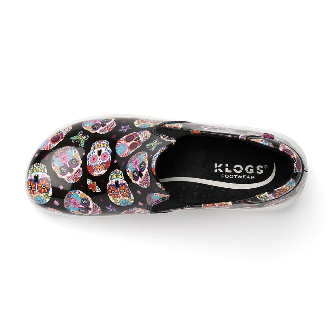 Klogs Footwear Ascent Candy Skulls Patent Leather Slip-Resistant Work Shoes for Women - Size 8.5 Medium (C) - Comfortable & Durable for Nurses, Chefs & Service Professionals