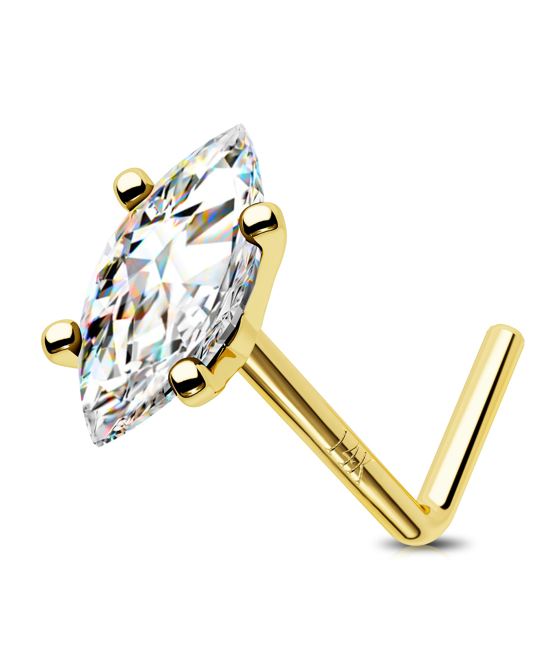 14K Gold Nose Rings Studs - 20g CZ L-Shaped Nose Piercing Jewelry for Women & Men | Hypoallergenic Nose Rings for Daily Wear, Parties & Special Occasions