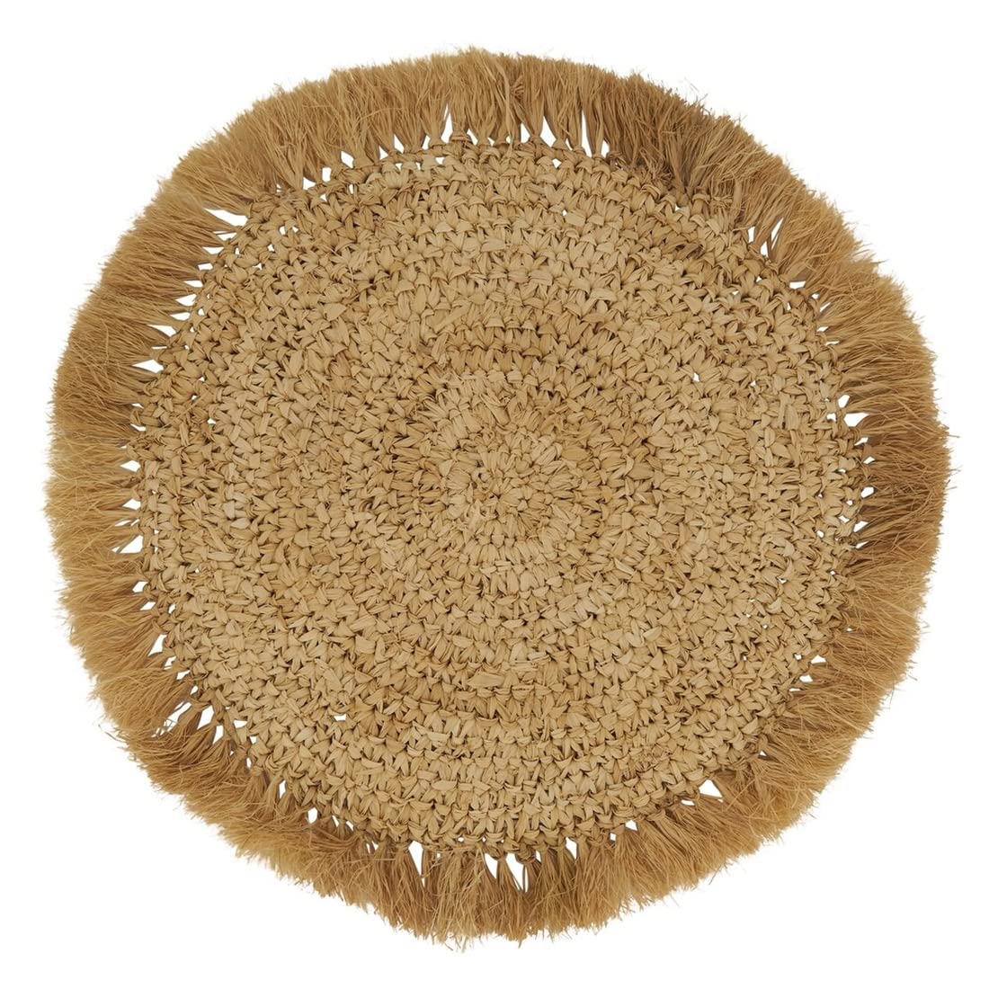 Fennco Styles Raffia Fringe Woven Round Placemats - Set of 4 Natural Boho Table Mats (15 Inch) for Dining Room, Kitchen, Banquets & Special Occasions | Eco-Friendly Home Decor for Family Gatherings & Dinner Parties