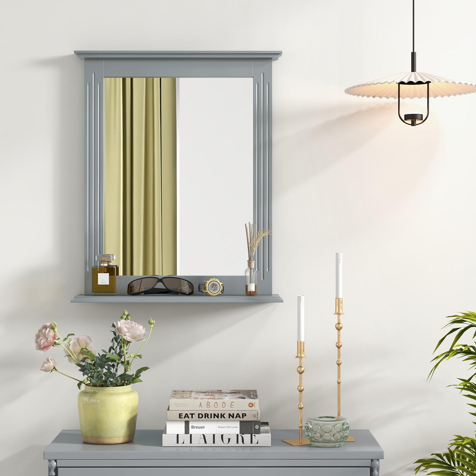 Tangkula Square Bathroom Wall Mirror with Shelf - Modern Vanity Mirror for Makeup, Dressing Room, Washroom & Bedroom - Wall Mounted Hanging Mirror (Grey) | Perfect for Daily Grooming, Home Decor & Small Space Organization