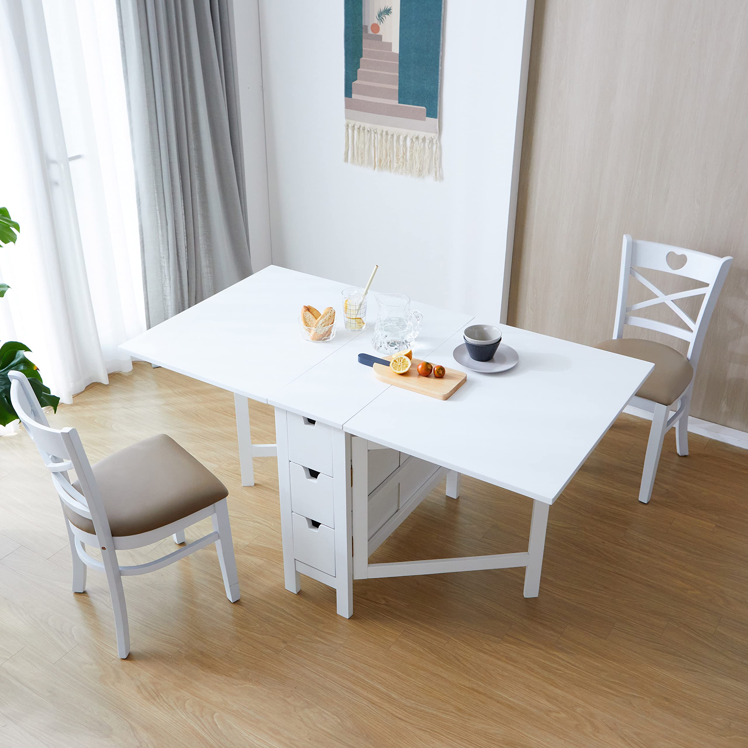 Livinia Wings Gate-Leg Solid Hardwood Expandable Dining Table - Space Saving Drop Leaf Kitchen Table with 6 Drawers (White, Fully Assembled) | Perfect for Small Apartments, Breakfast Nooks & Cozy Dining Spaces