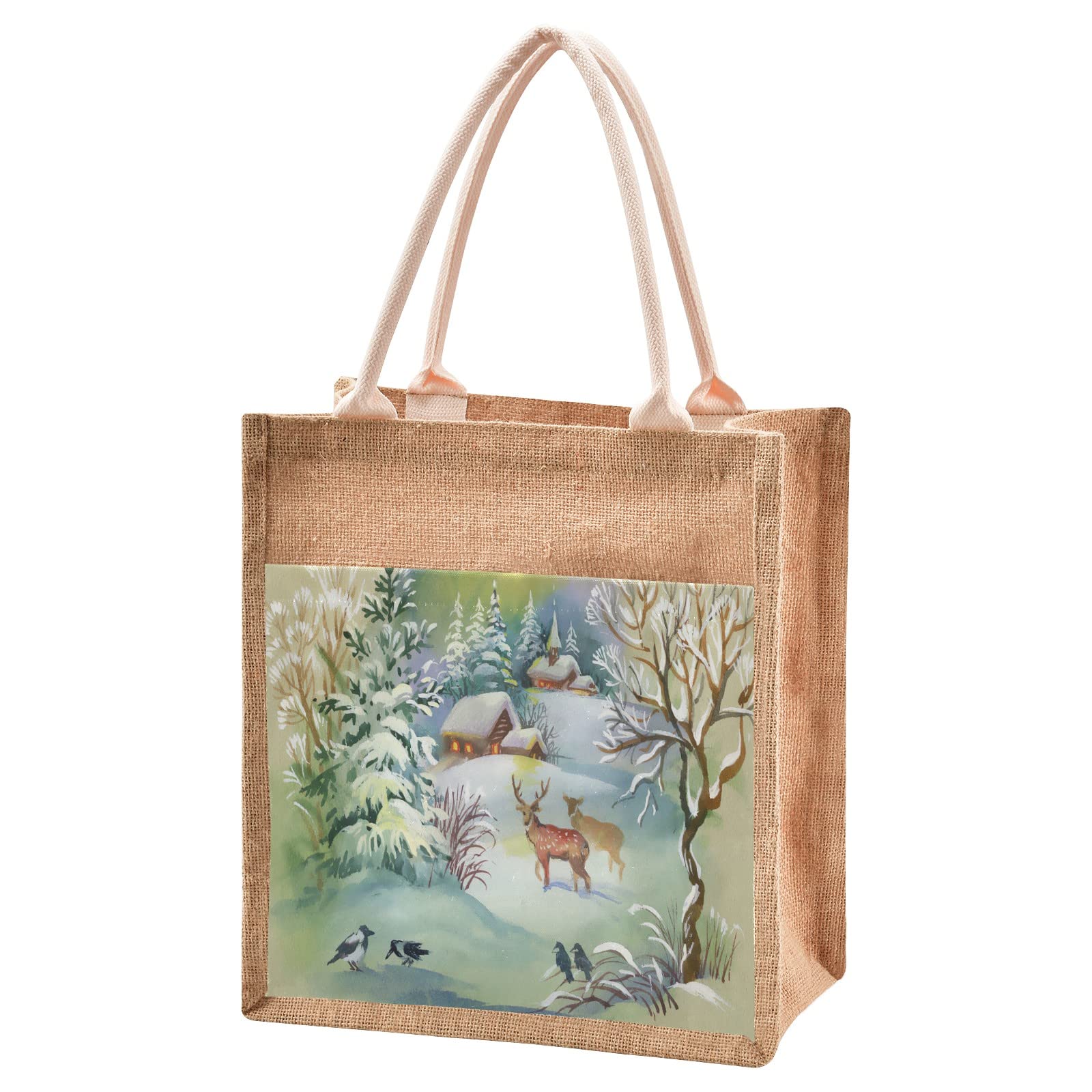 Linqin Deer Jute Tote Bag - Waterproof Burlap Straw Grocery Shopping Bag for Women - Eco-Friendly Reusable Beach Tote for Travel, Market & Daily Use