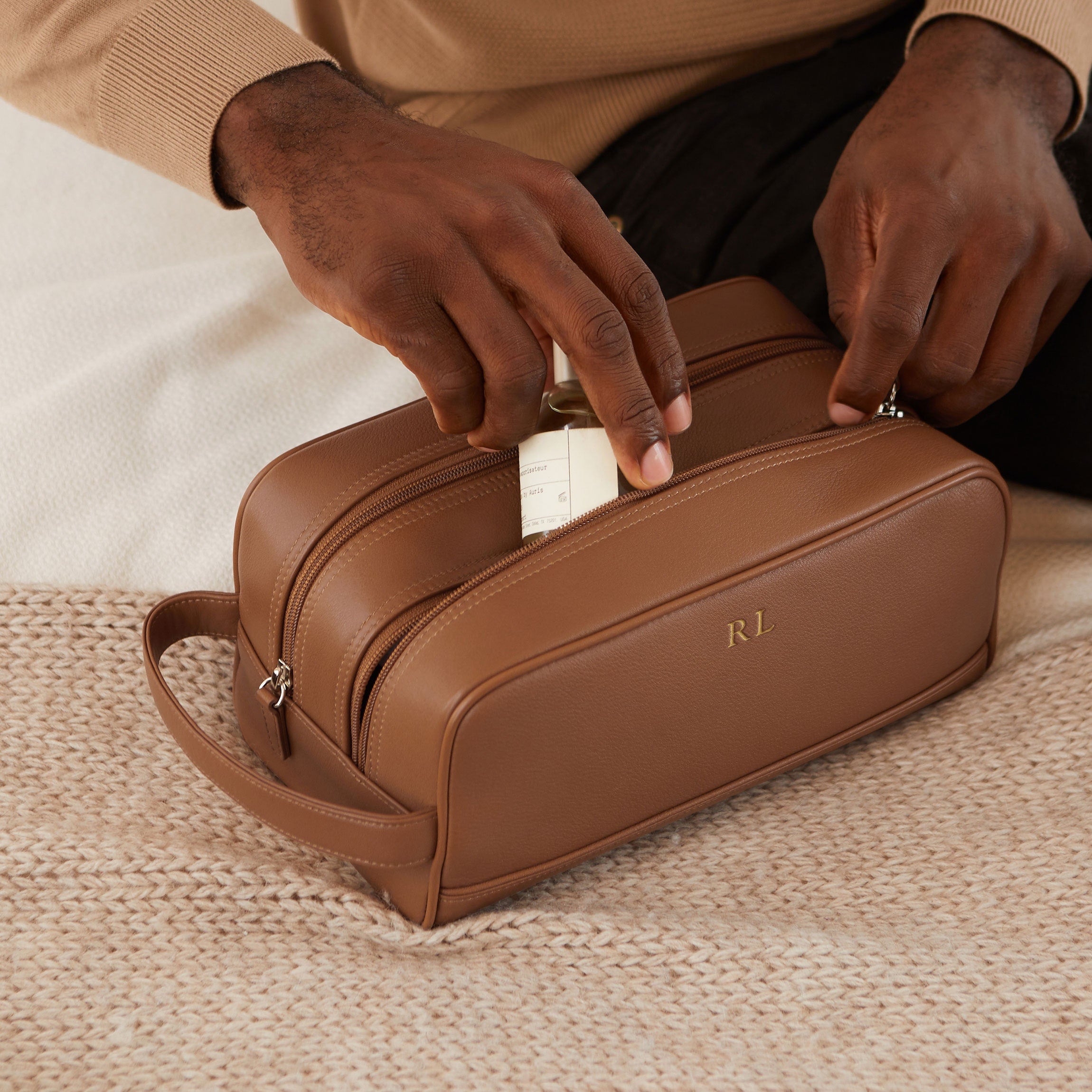 Premium Double Zip Toiletry Bag in Cognac Leather - Perfect for Travel, Gym & Daily Essentials Organization