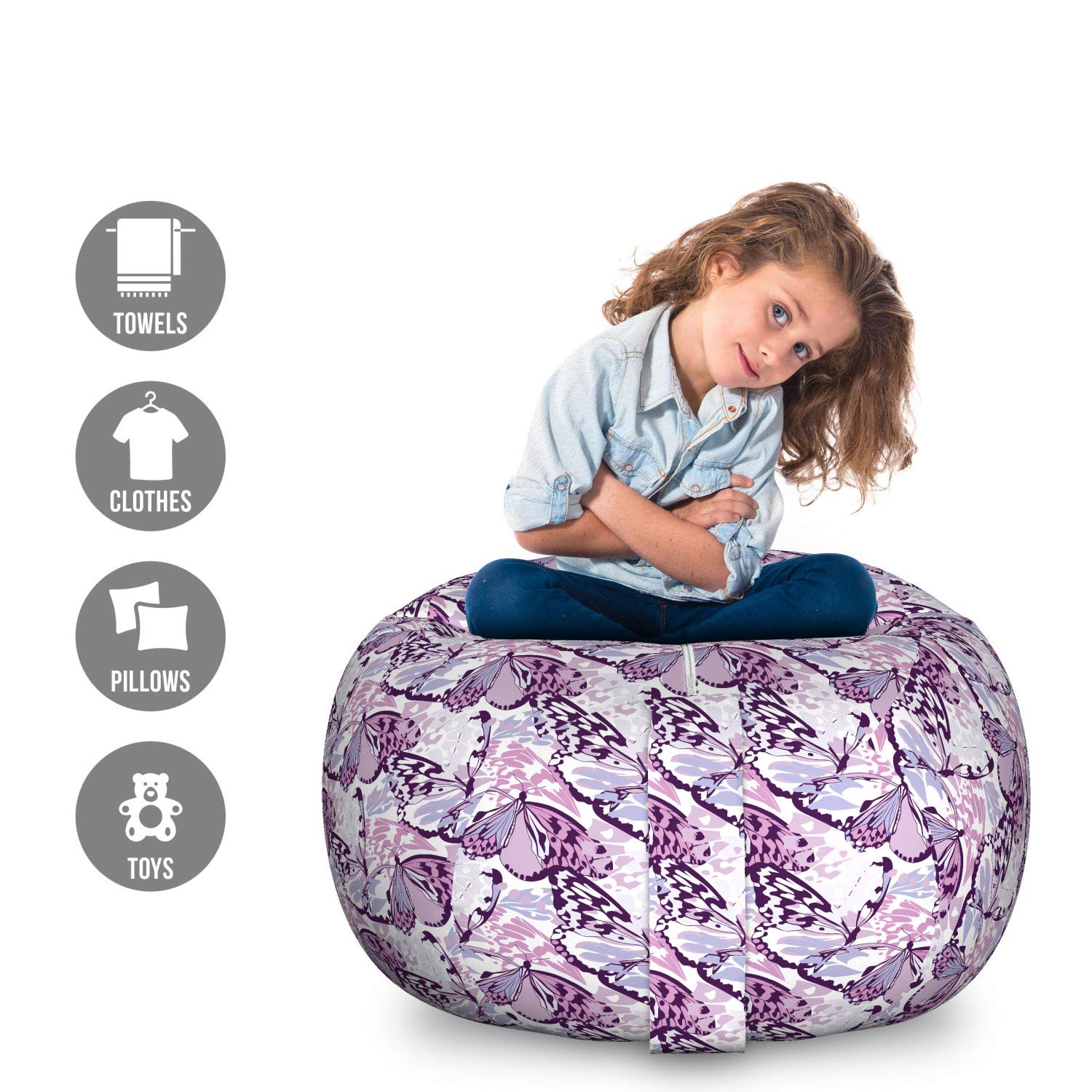 Ambesonne Butterfly Storage Toy Bag Chair - Large Washable Stuffed Animal Organizer with Purple Grunge Camo Wings - Lavender Lilac Violet - Perfect for Kids' Room Organization & Playroom Storage