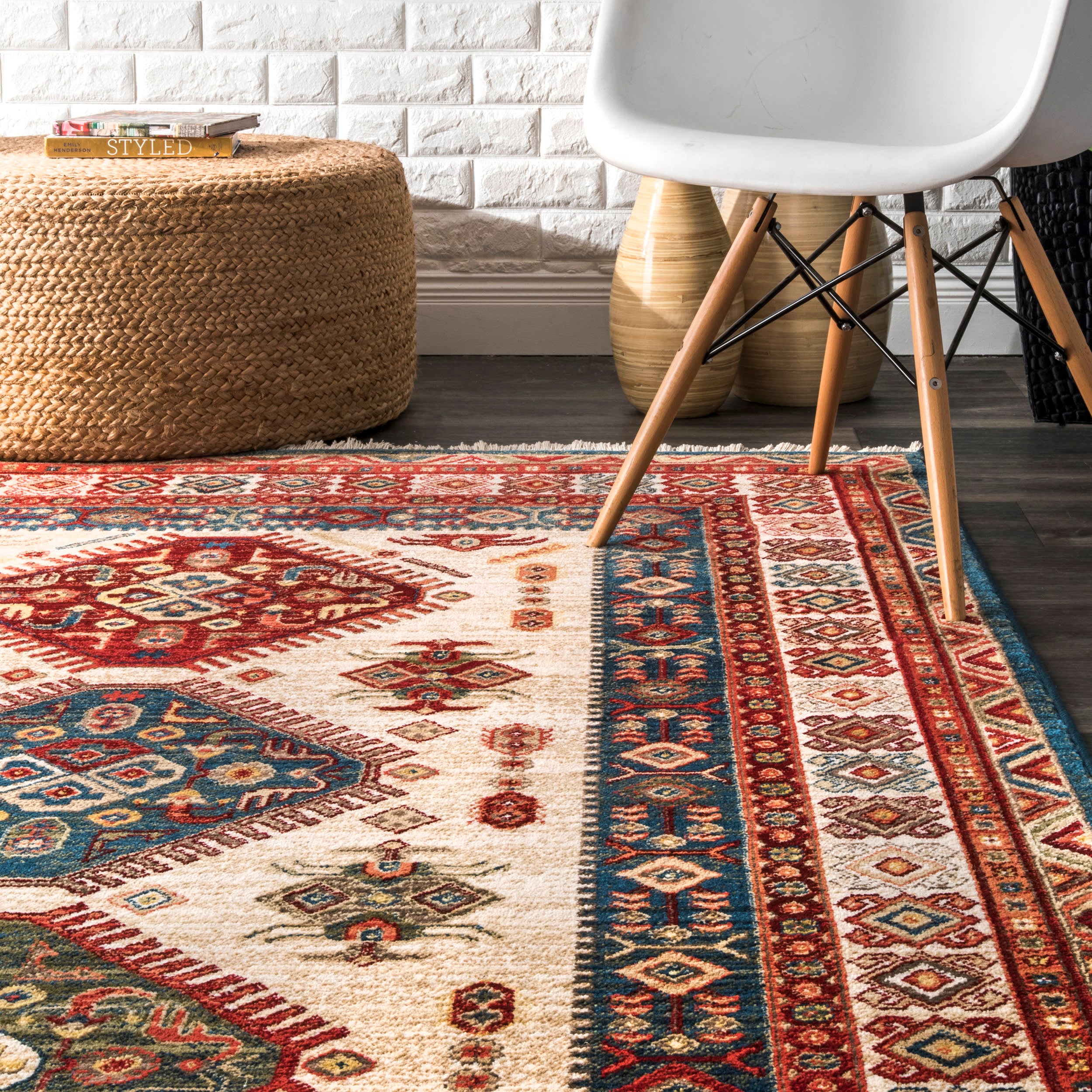 Emblem Fringed Rug | Ivory Bohemian Style Area Rug for Living Room, Bedroom & Home Decor