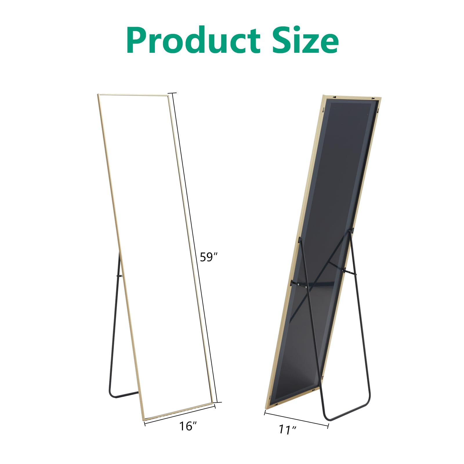 NEWBULIG Full Body Mirror 59x16 Inches - Floor Standing & Wall Hanging Mirror with Aluminum Alloy Frame for Bedroom, Living Room, Dressing Room - Gold Finish for Home Decor & Outfit Checking