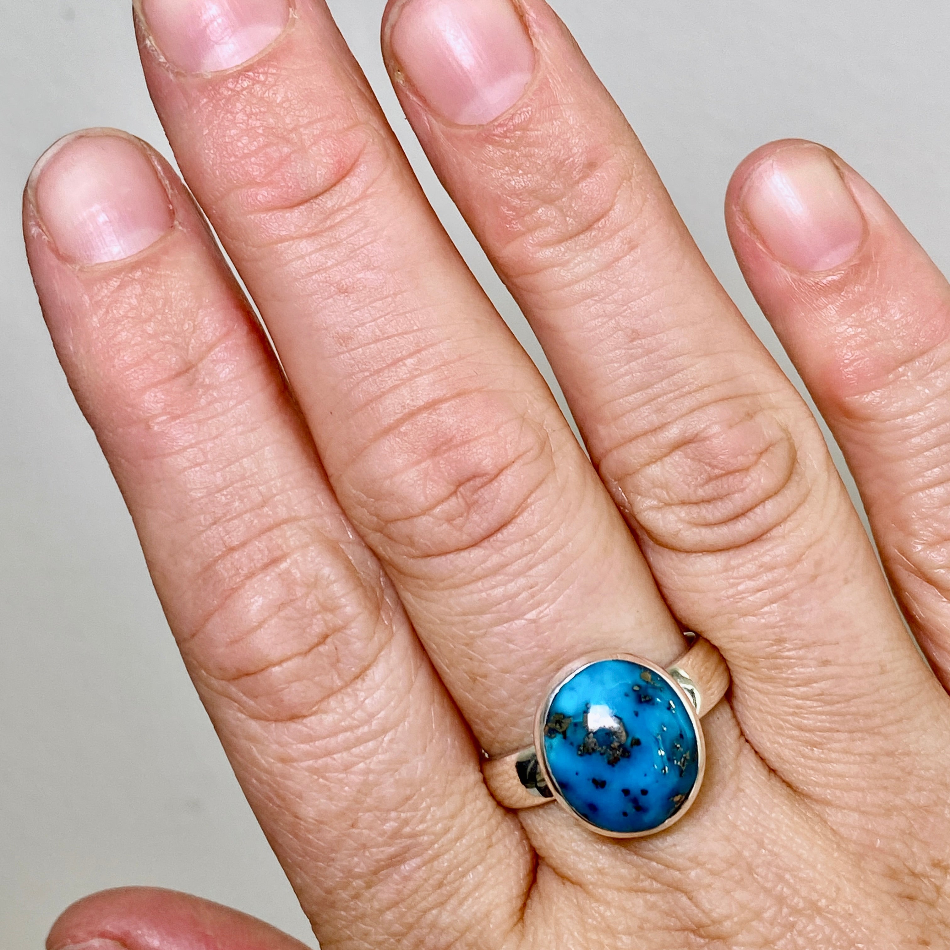 Natural Persian Turquoise with Pyrite Oval Cabochon Ring - Size 9.5 - Handmade Iranian Jewelry - Perfect for Boho Fashion & Gift Giving