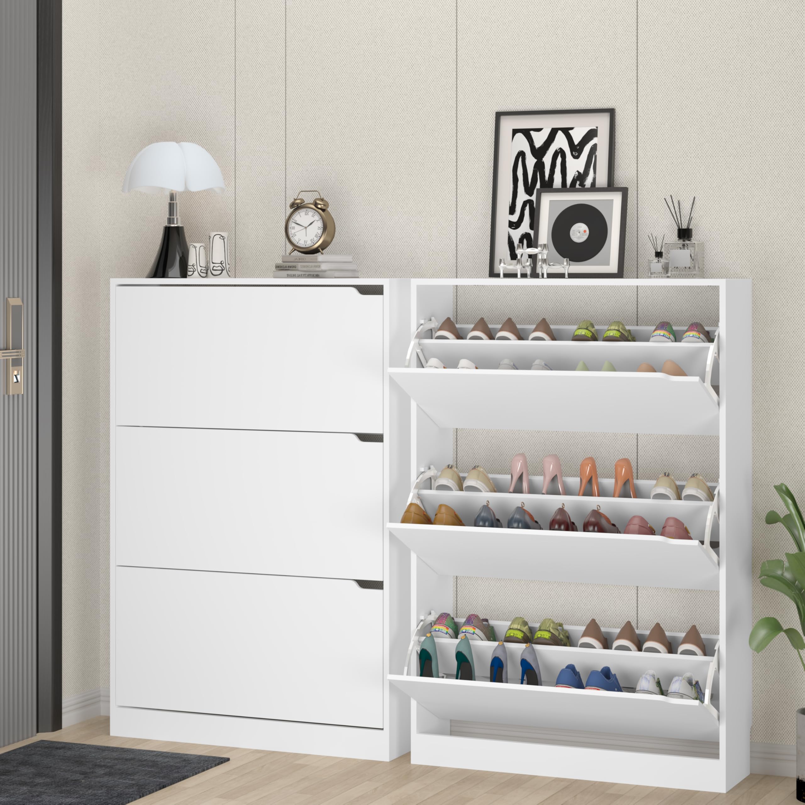 White Shoe Cabinet with 3 Flip Drawers - Entryway & Hallway Storage Organizer (9.33