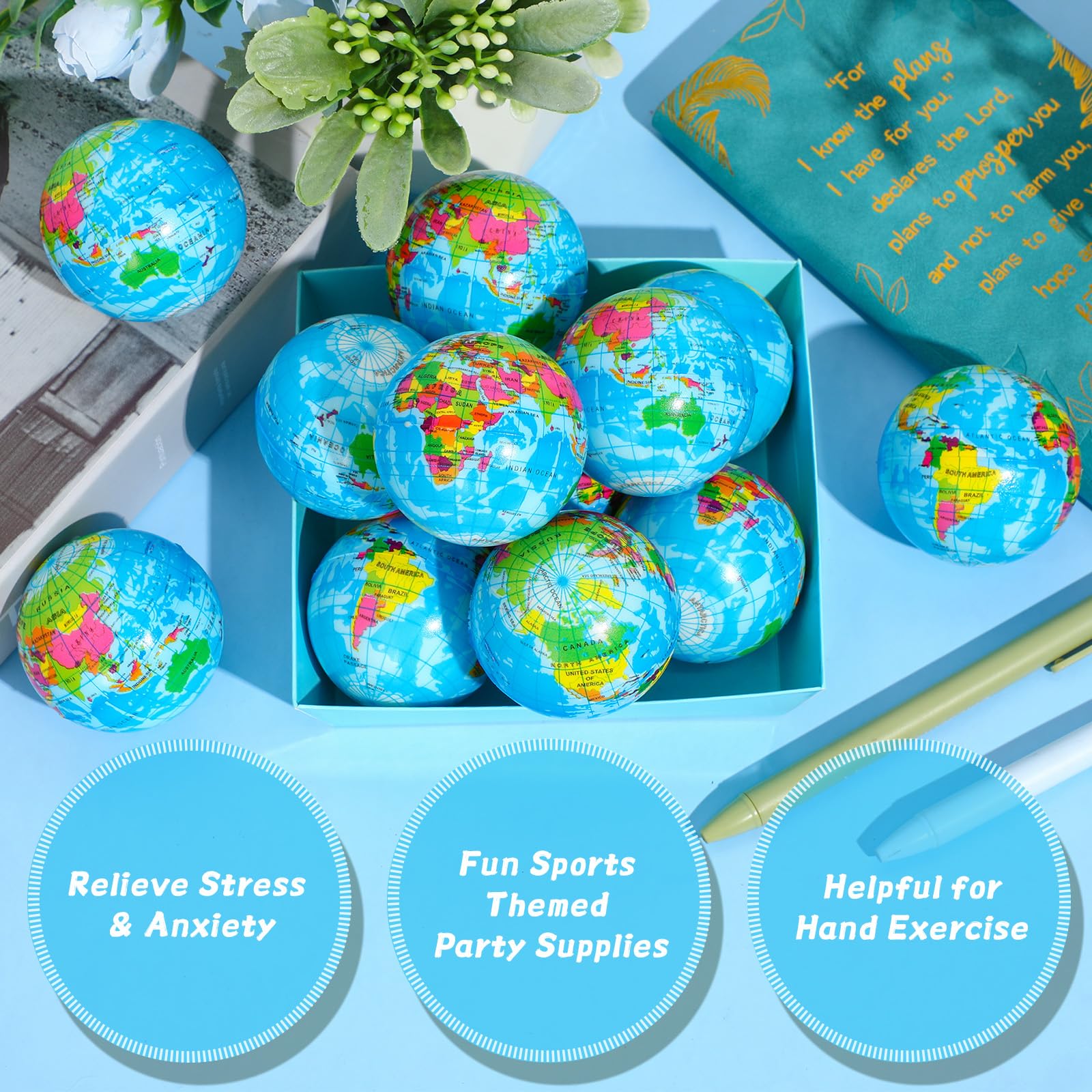 200 Pcs 2 Inch Mini World Earth Stress Balls - Bulk Foam Squeeze Balls for Stress Relief, Finger Exercise & Education - Includes Blue Drawstring Bag - Perfect for School Rewards, Party Favors, Office Gifts & Sensory Therapy