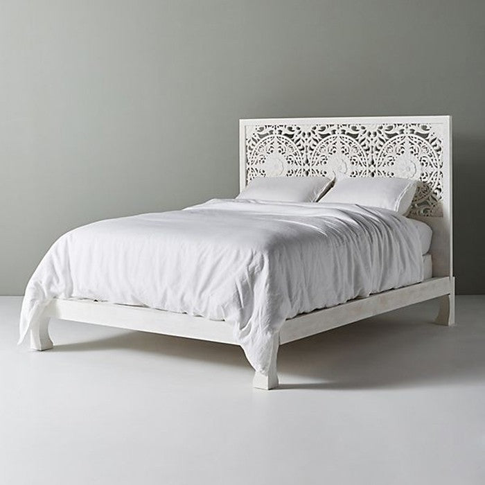 Hand Carved Indian Wooden Bed Frame - Dynasty Low Line Style in White | Solid Wood Platform Bed for Master Bedroom, Guest Room & Bohemian Decor