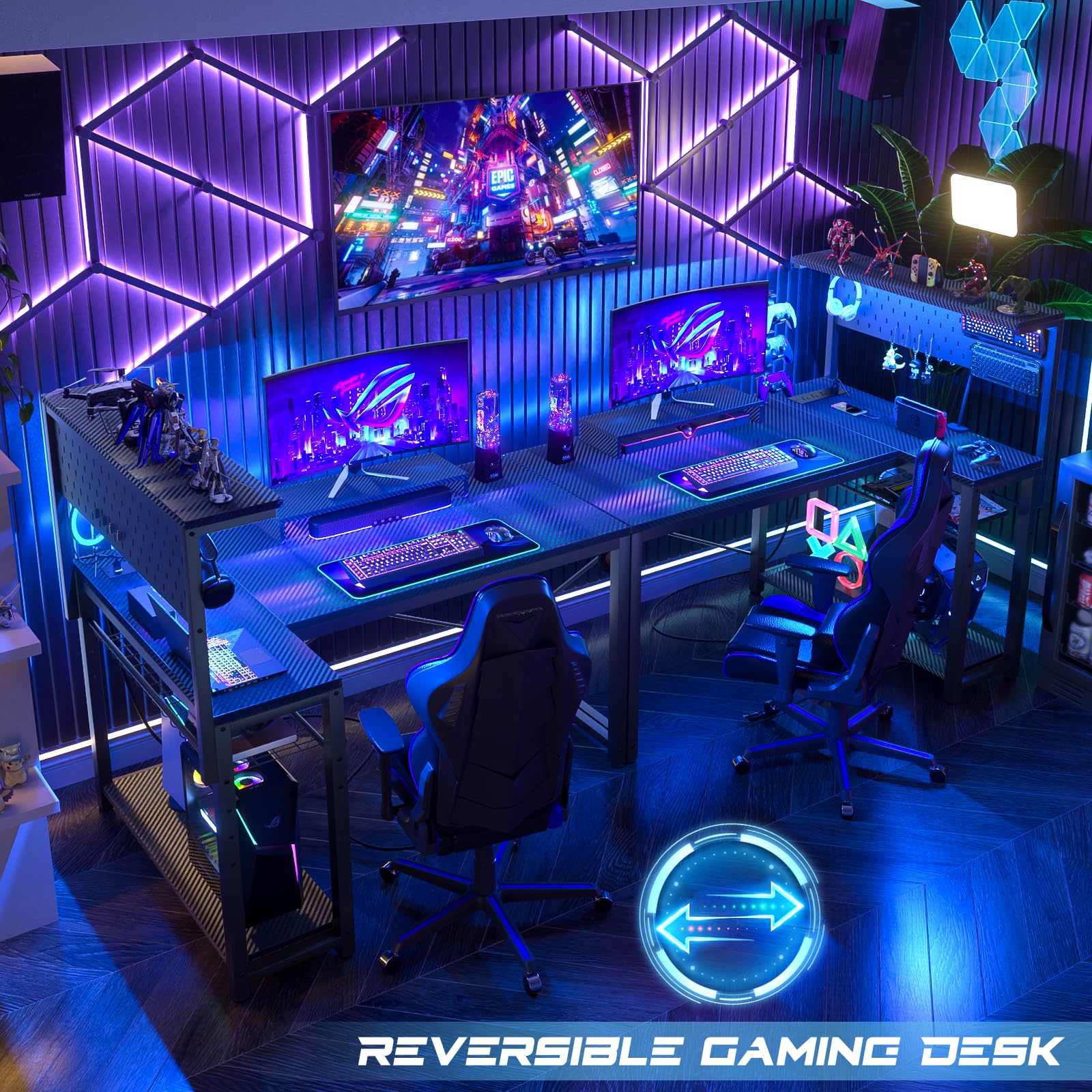 Homieasy 43 Inch L-Shaped Gaming Desk with Power Outlets, LED Light & Pegboard - Carbon Fiber Black Computer Corner Desk with Monitor Stand, Storage Shelves & Headset Hooks - Perfect for Small Spaces, Home Office & Gaming Setup