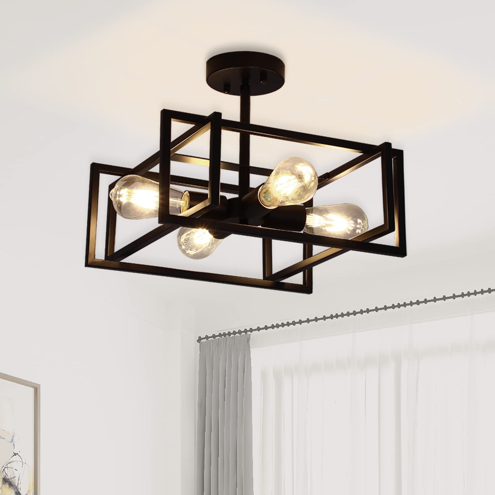 Vintage Industrial Farmhouse Ceiling Light Fixture - 4-Light Black Metal Flush Mount Chandelier for Kitchen, Living Room, Bedroom, Hallway | Rustic Home Decor Lighting for Entryway, Laundry Room & Dining Area