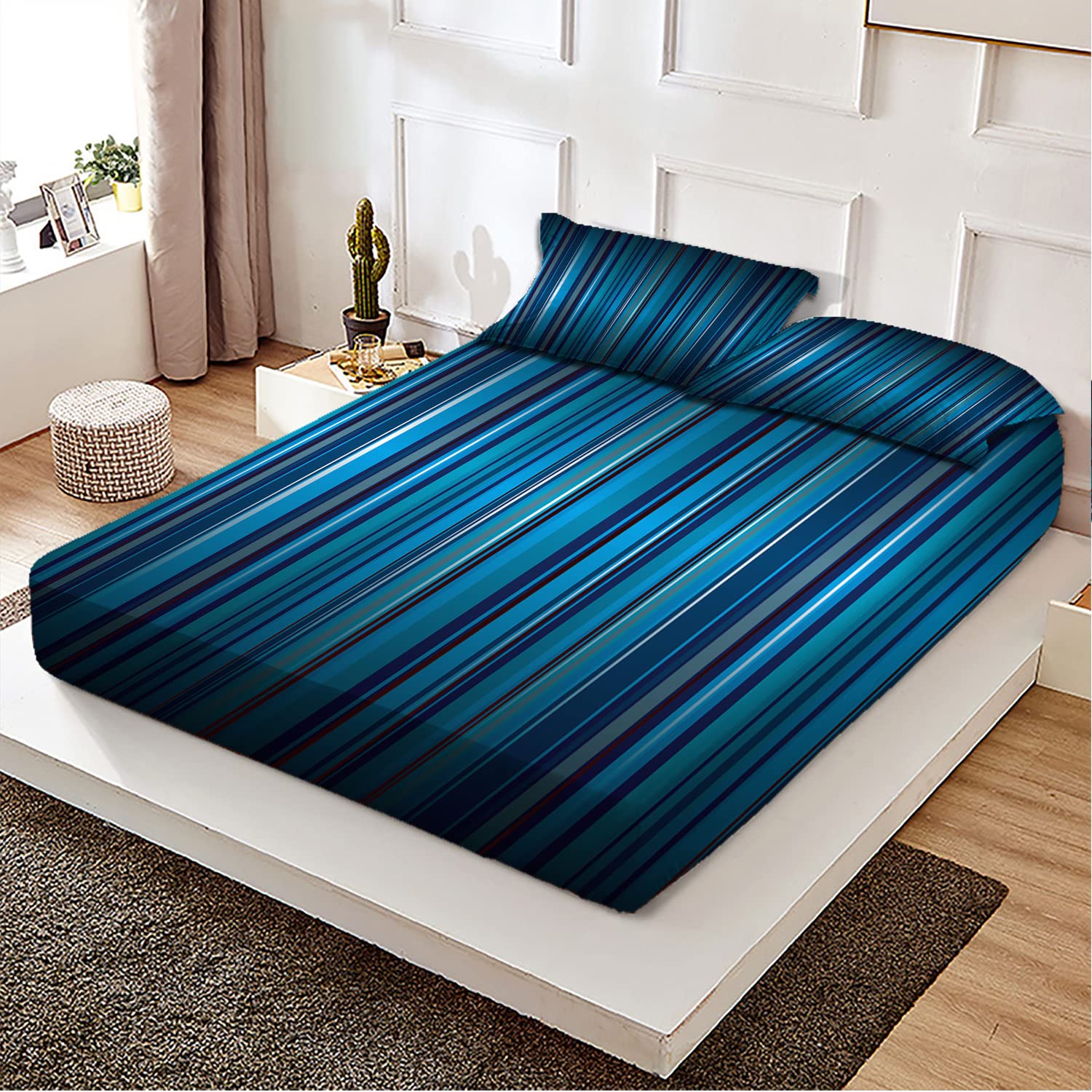 Gradient Blue Stripes Twin/Twin XL Fitted Bed Sheets - Ultra Soft & Breathable 2-Piece Bedding Set - Perfect Fit for Mattress - Navy Blue Decorative Printed Sheets for Cozy Bedroom Decor | Ideal for Dorm Rooms, Guest Bedrooms & Modern Home Styling