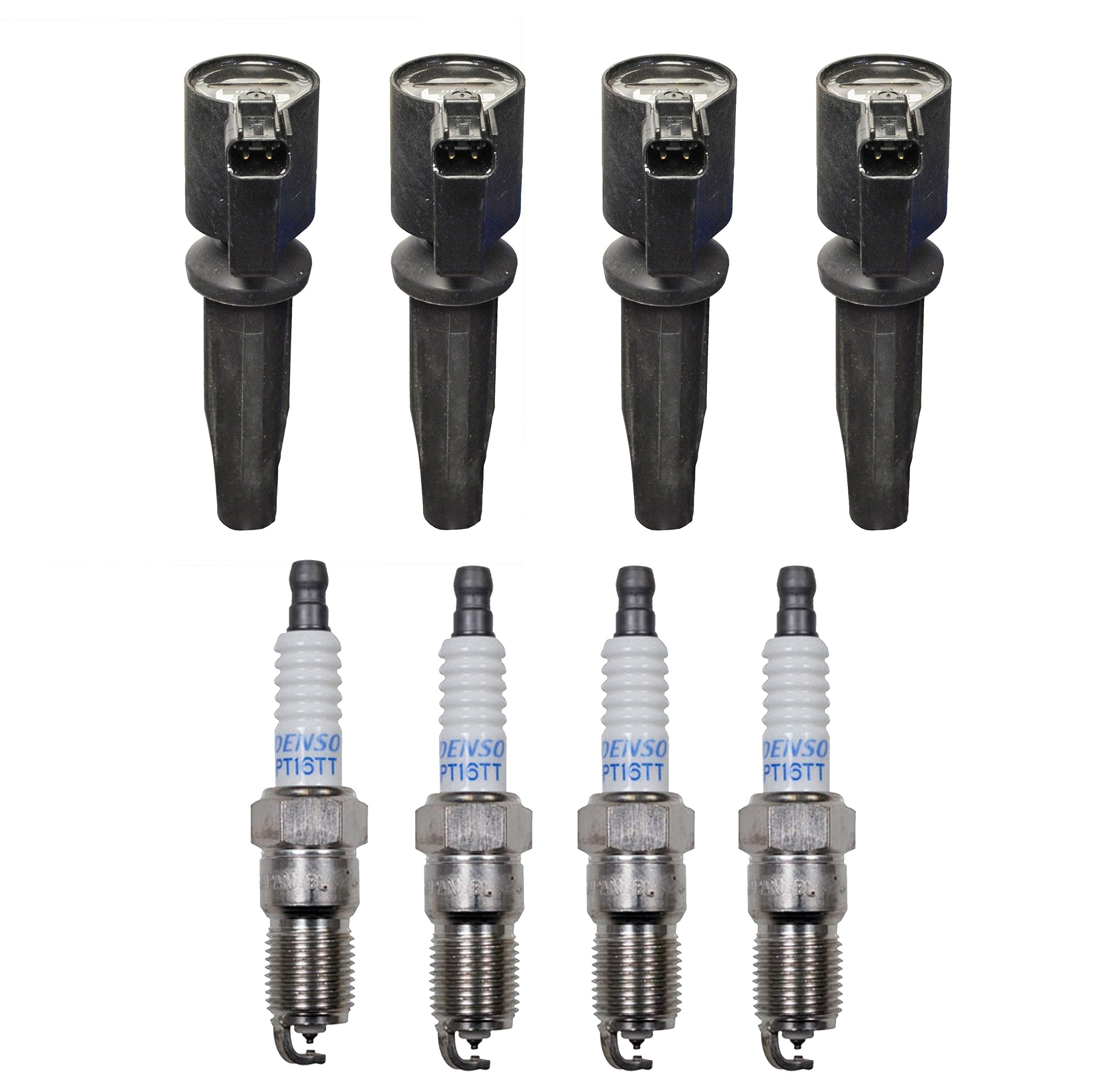 Denso 4 Ignition Coils & 4 Platinum TT Spark Plugs 0.040 Gap Kit - Compatible with Ford Mazda L4 Engine - Improve Performance & Fuel Efficiency for Daily Driving & Racing