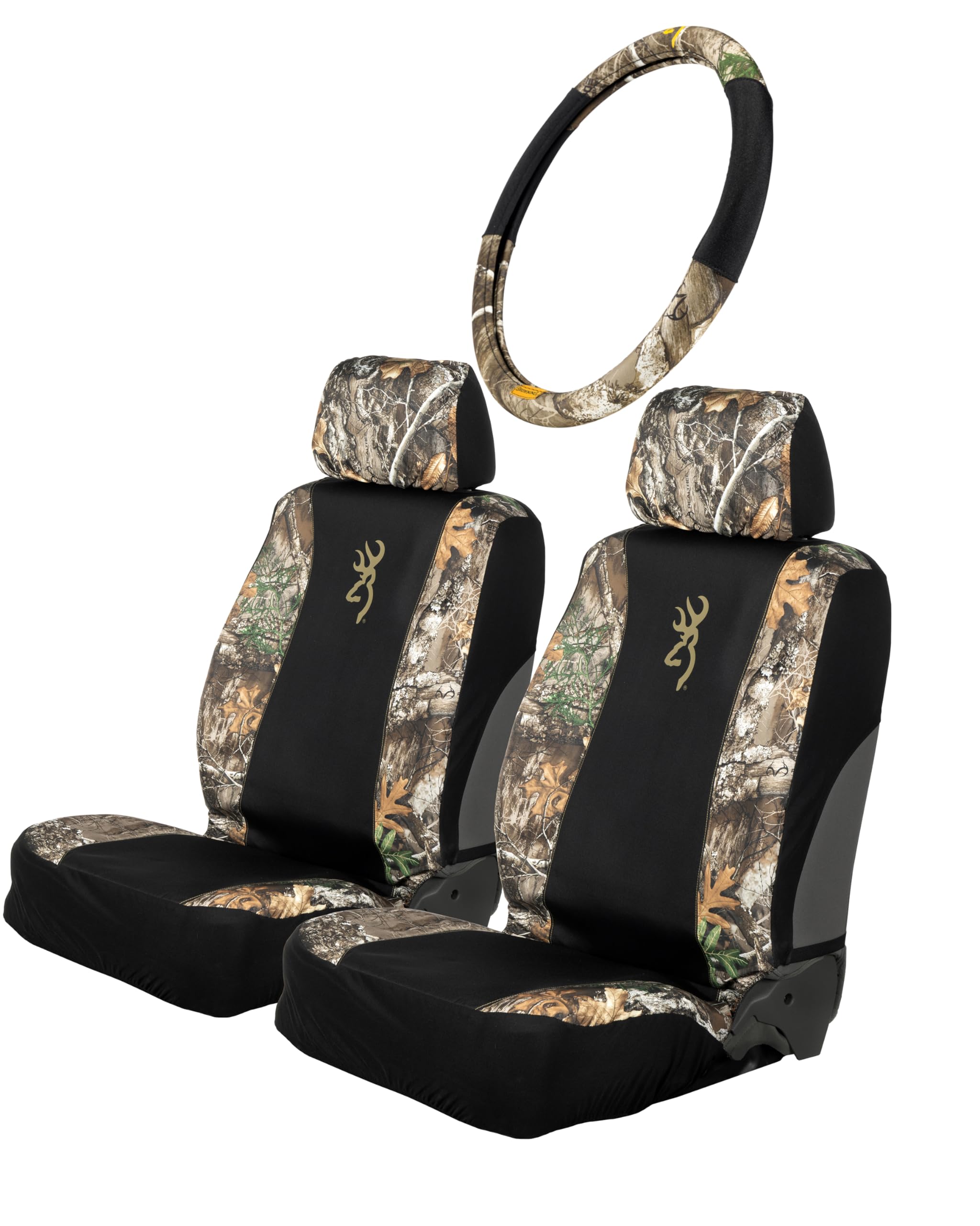 Realtree Camo Waterproof Seat Covers Full Set for Cars, Trucks & SUVs - Low Back Seat Covers, Floor Mats & Wheel Covers (Browning Camouflage, 3-Piece Set) | Perfect for Hunting, Off-Roading & Outdoor Adventures