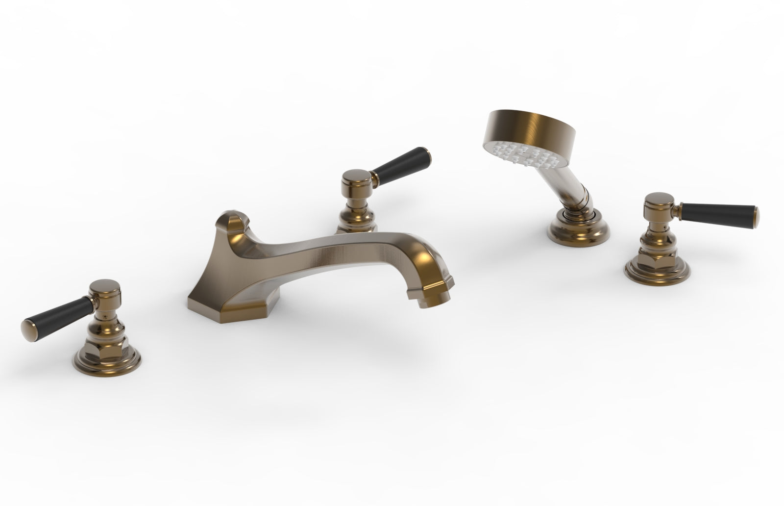 HEX TRADITIONAL Deck Mounted Bathtub Faucet Set with Hand Shower - Satin Black Finish & Lever Handles (Model 500-49) - Perfect for Modern Bathroom Renovations and Spa-Like Shower Experiences