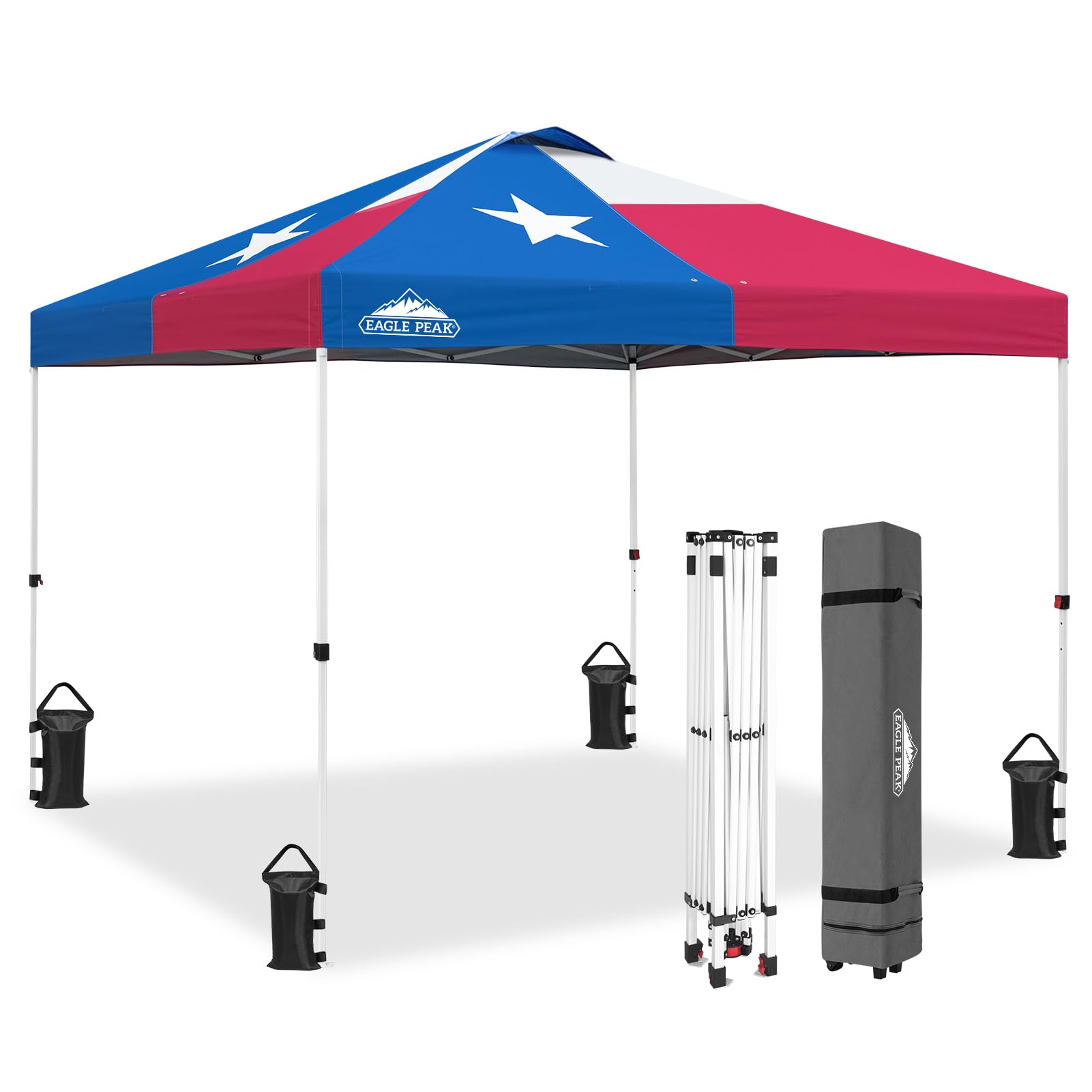 EAGLE PEAK 10x10 ft Pop Up Canopy Tent with Wheeled Carry Bag - Includes 8 Stakes, 4 Ropes & 4 Weight Bags for Easy Setup - 100 sq ft Portable Shade Shelter for Outdoor Events, Camping, Beach & Backyard Parties (Texas Style)