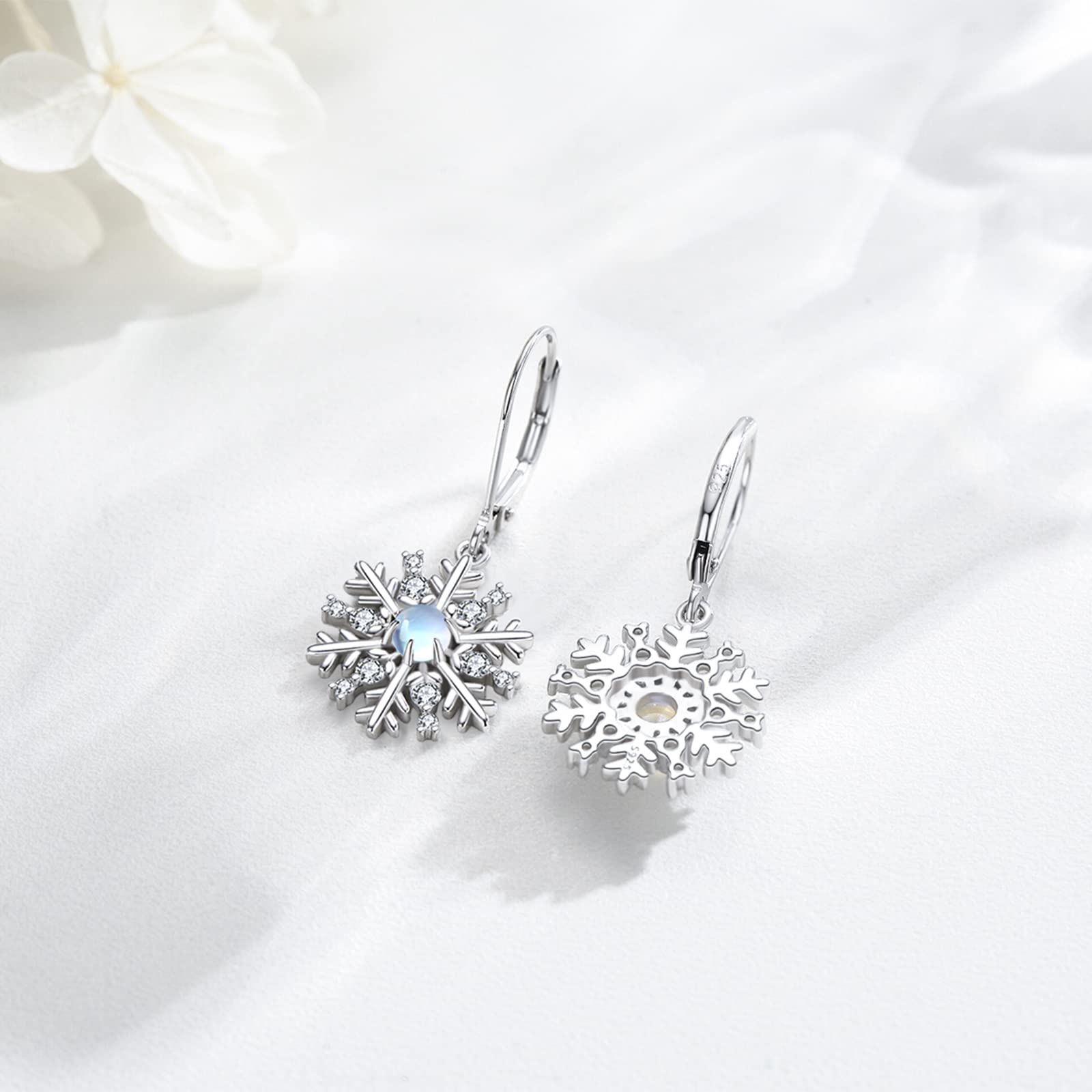 925 Sterling Silver Snowflake Dangle Earrings with Moonstone | Hypoallergenic Winter Jewelry | Christmas Gifts for Women & Girls | Perfect for Holiday Parties, Weddings & Everyday Wear