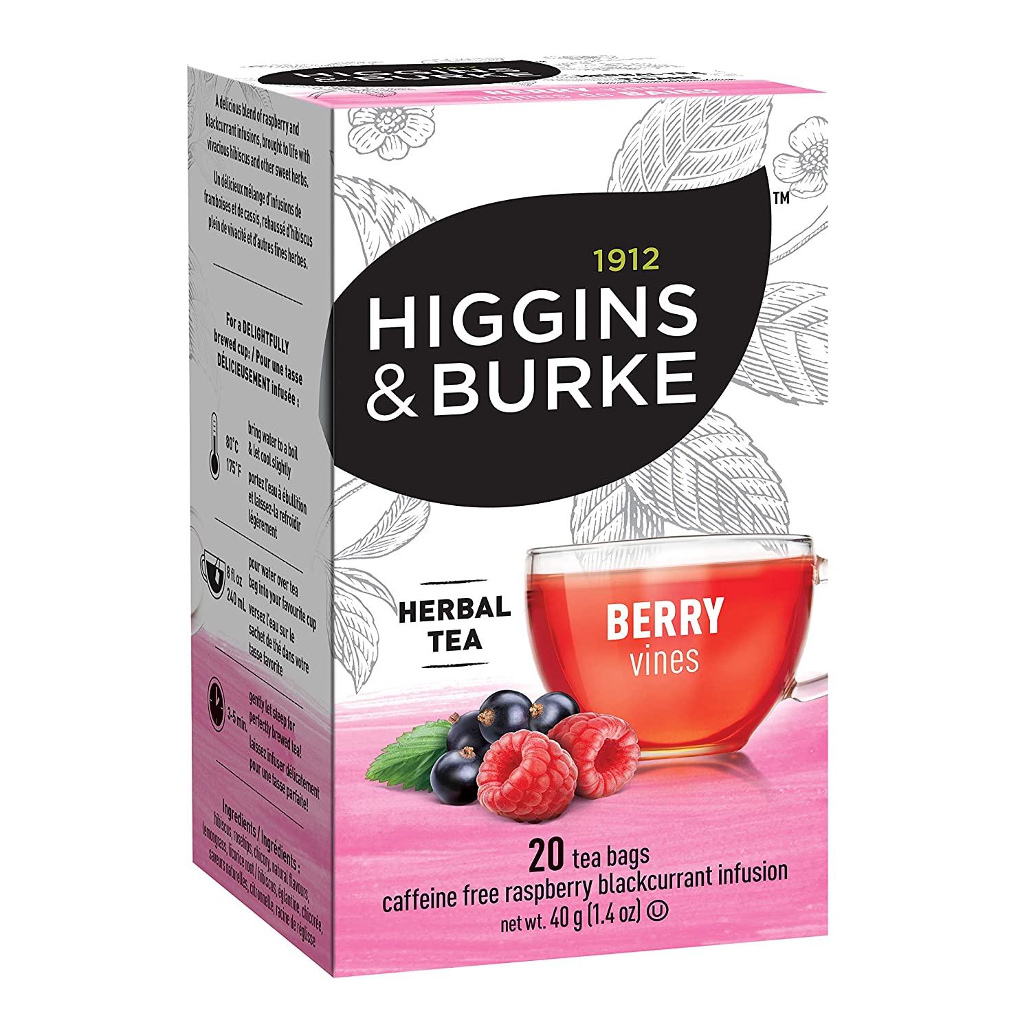 Higgins & Burke Berry Vines Herbal Tea Bags - 20 Count | Caffeine-Free Fruit Infusion for Relaxation & Wellness | Perfect for Afternoon Tea, Office Break or Gift Giving
