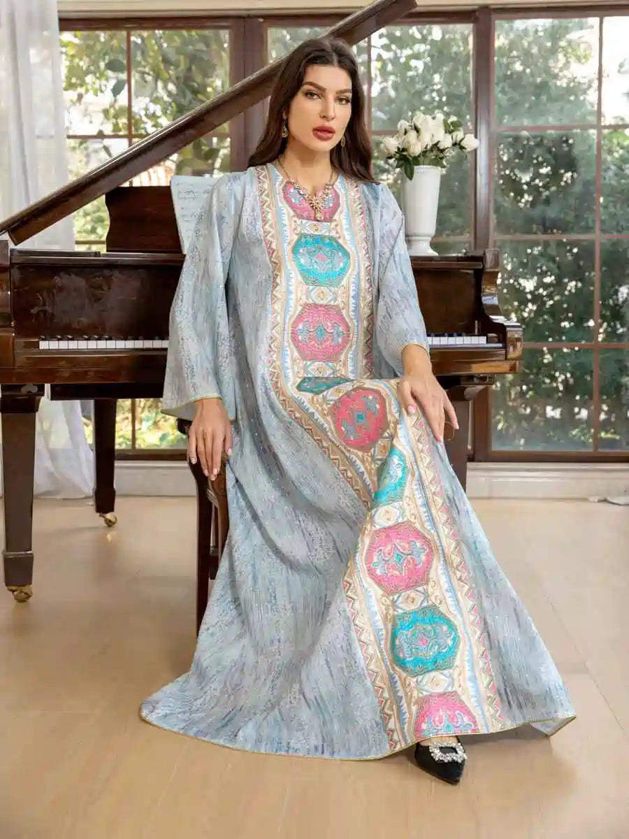 Elegant Eid Dress with Embroidery & Printed Floral Design - Long Caftan Kaftan Dress for Women #25426 | Perfect for Eid Celebrations, Weddings & Special Occasions