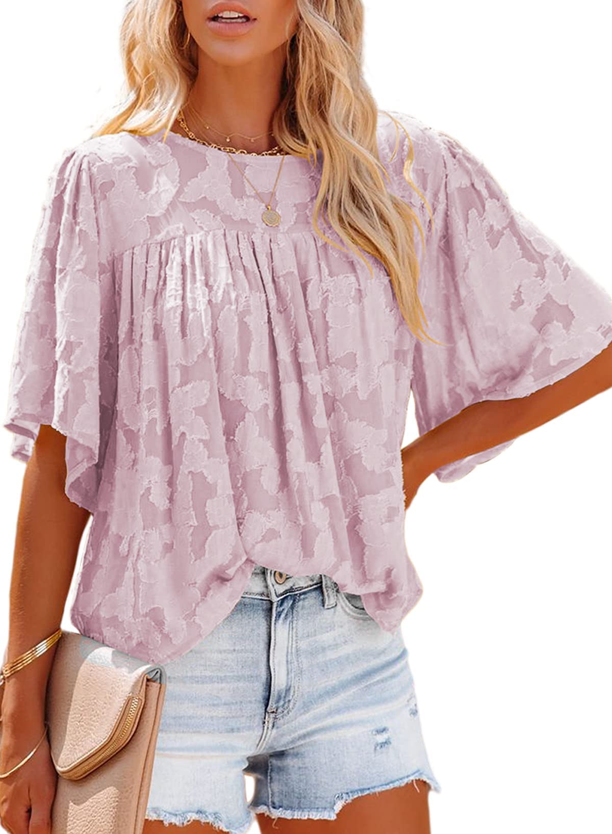 Kaqonal Women's Summer Babydoll Tops - Ruffle 3/4 Sleeve Crewneck Blouses, Casual Flowy Loose Shirts for Beach, Vacation & Everyday Wear