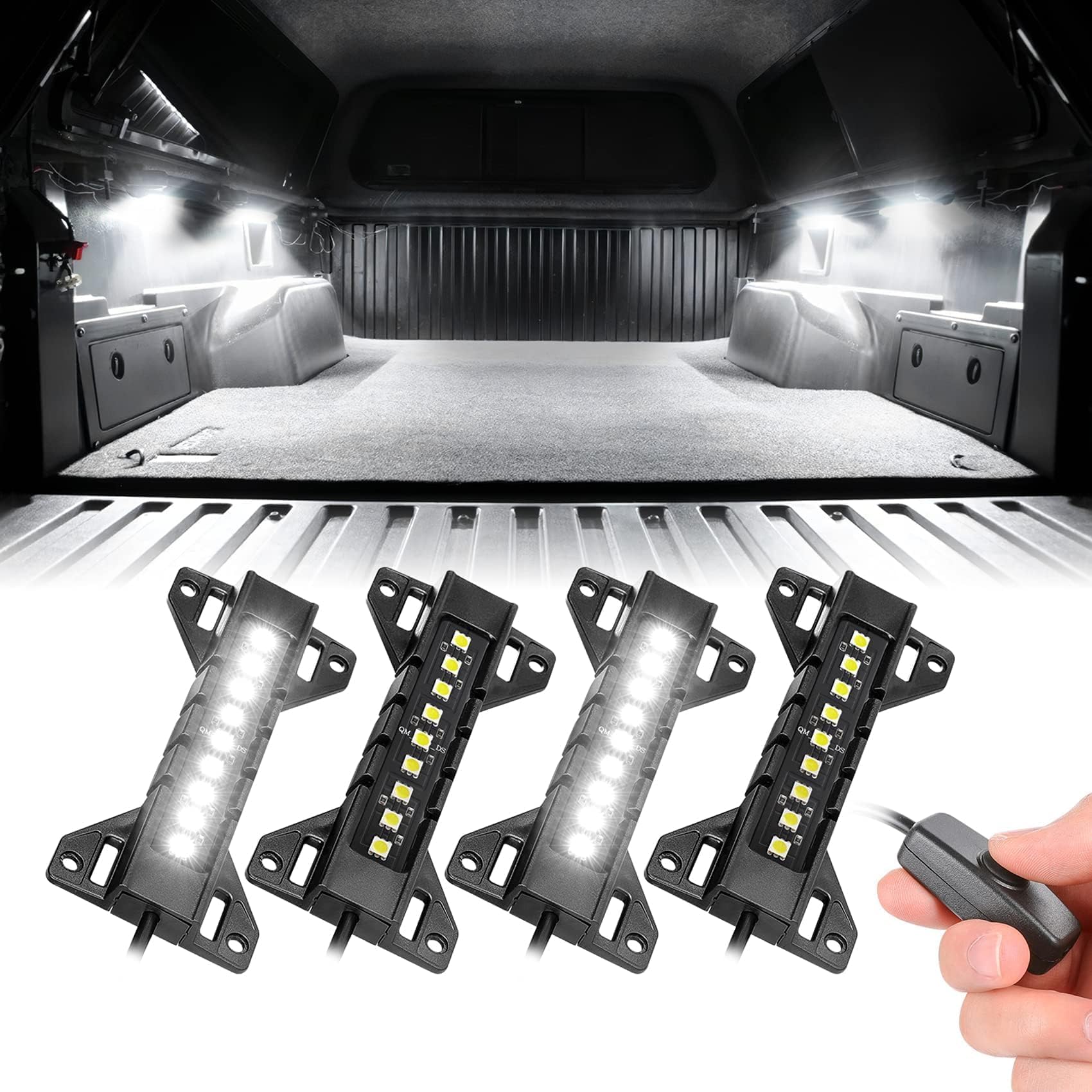 4 Pods LED Truck Bed Lights with Switch - Waterproof Rear Cargo Lighting Kit for Pickup Trucks (F150, Toyota, Chevy, Ram, GMC) & Vans/RV - White | Durable Bed Lighting for Night Loading & Outdoor Adventures