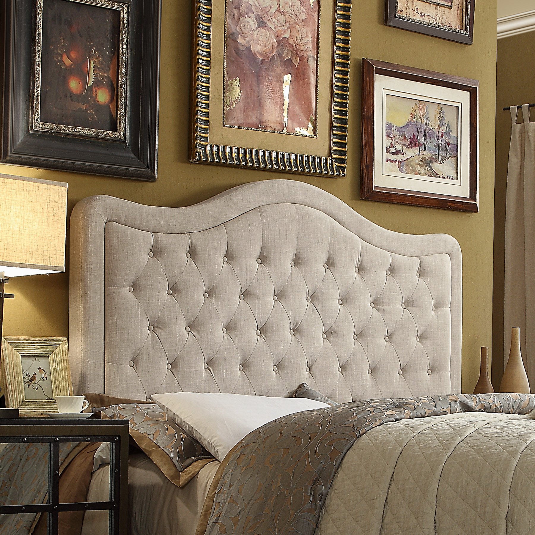 Rosevera A3H Niana Adjustable Fine Linen Upholstered Headboard with Button Tufting - Full Size, Beige Wave Top Design for Bedroom - Perfect for Modern Home Decor and Cozy Bedroom Makeovers