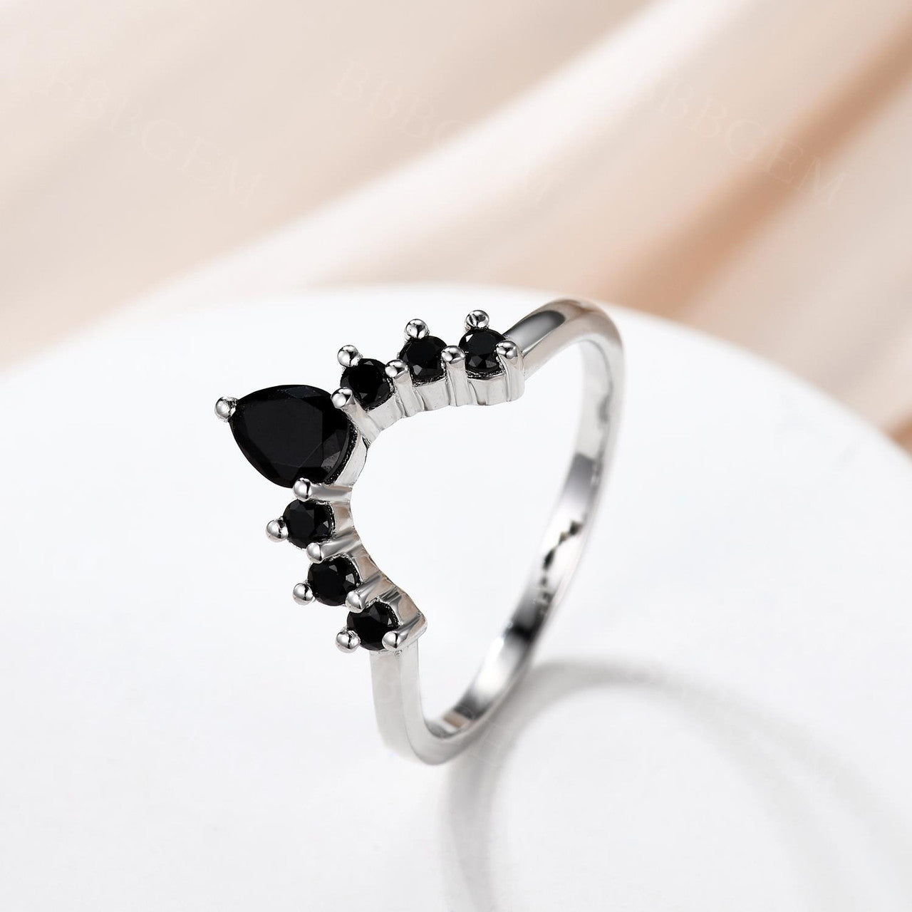 Women's Stackable Pear Black Onyx Spinel Curved Wedding Band Ring - Elegant Jewelry for Brides, Anniversaries & Special Occasions