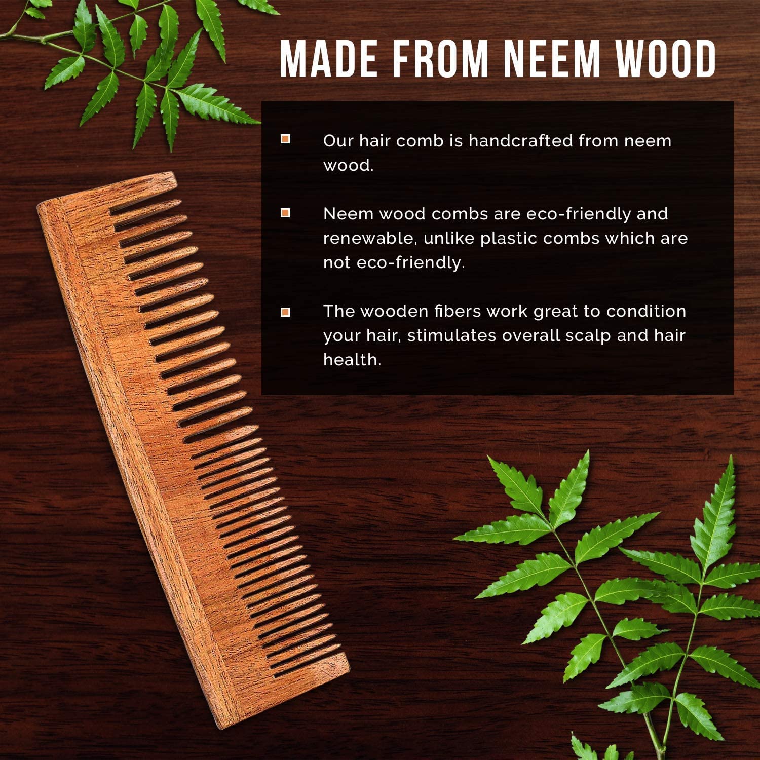Natural Handmade Neem Wood Comb for Women & Men - Medium Size Hairbrush for Healthy Scalp & Shiny Hair | Perfect for Daily Hair Care & Ayurvedic Hair Treatment