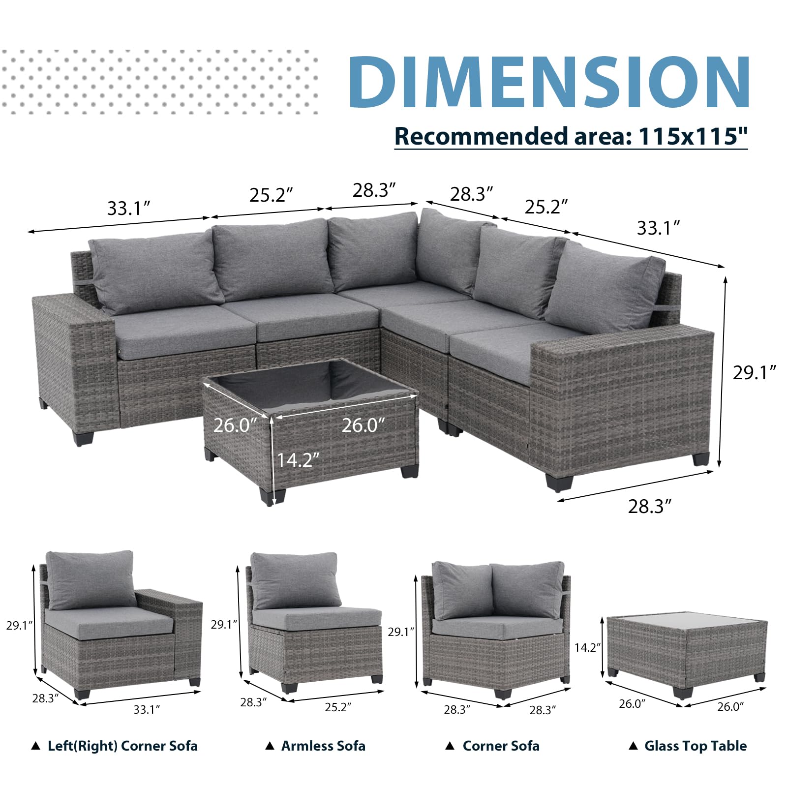 JOIVI 6-Piece Patio Furniture Set with Coffee Table - Flexible Wicker Outdoor Sofa & Cushion Covers - Perfect for Backyard, Garden, Poolside & Family Gatherings - Grey Weather-Resistant Furniture