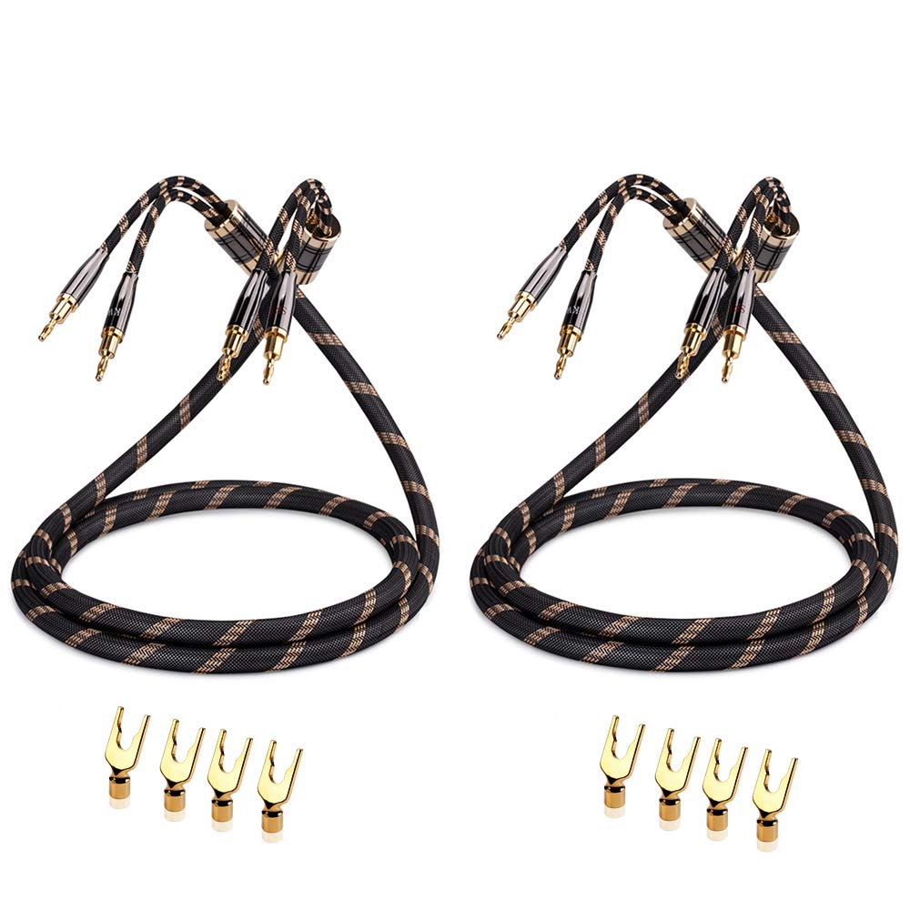 Premium Audiophile Speaker Cable Pair - Gold Plated Banana/Spade Connectors, Nylon Braid, HiFi Sound Quality (1.5M/4.9ft, 2 Cables) - Perfect for Home Theater & Stereo Speaker Systems