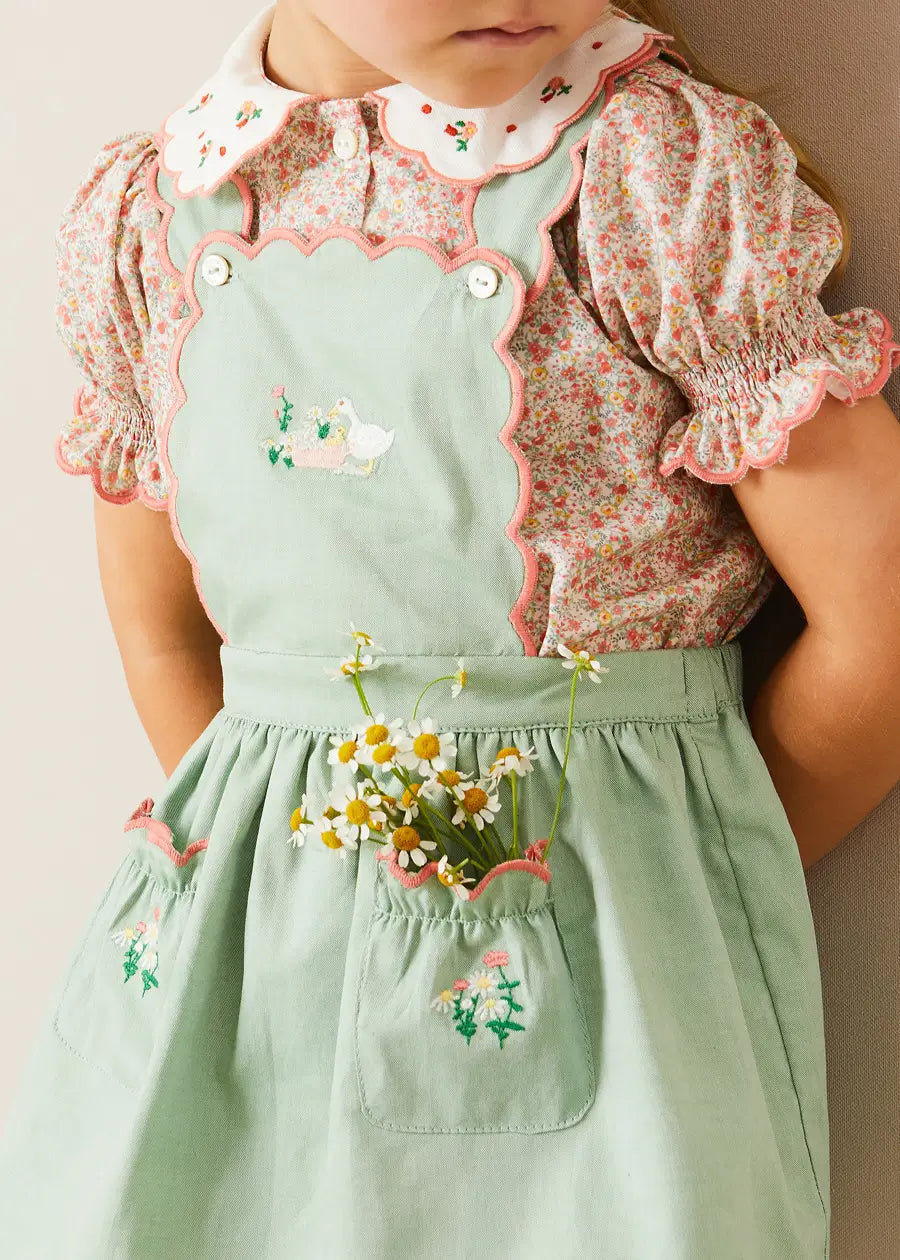 Green Duck Embroidered Scallop Detail Adjustable Suspender Skirt for Girls 18 Months to 6 Years - Perfect for Spring Outfits, Photo Shoots & Special Occasions