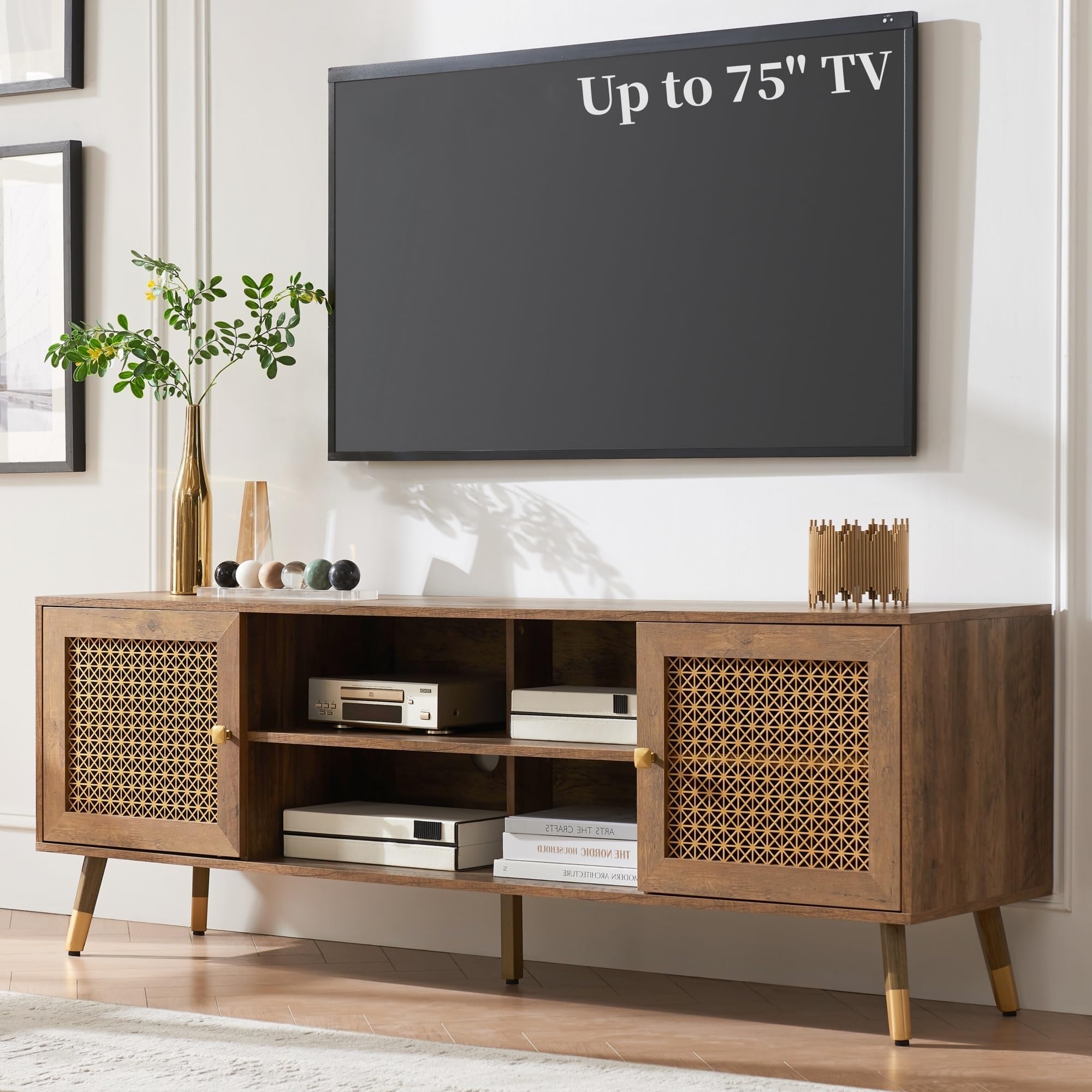 Modern Entertainment Center for 75 Inch TV - Boho TV Stand with Storage Cabinet & Open Shelves - Large Rustic TV Console for Living Room, Bedroom, Office - Perfect for Home Theater Setup & Media Organization