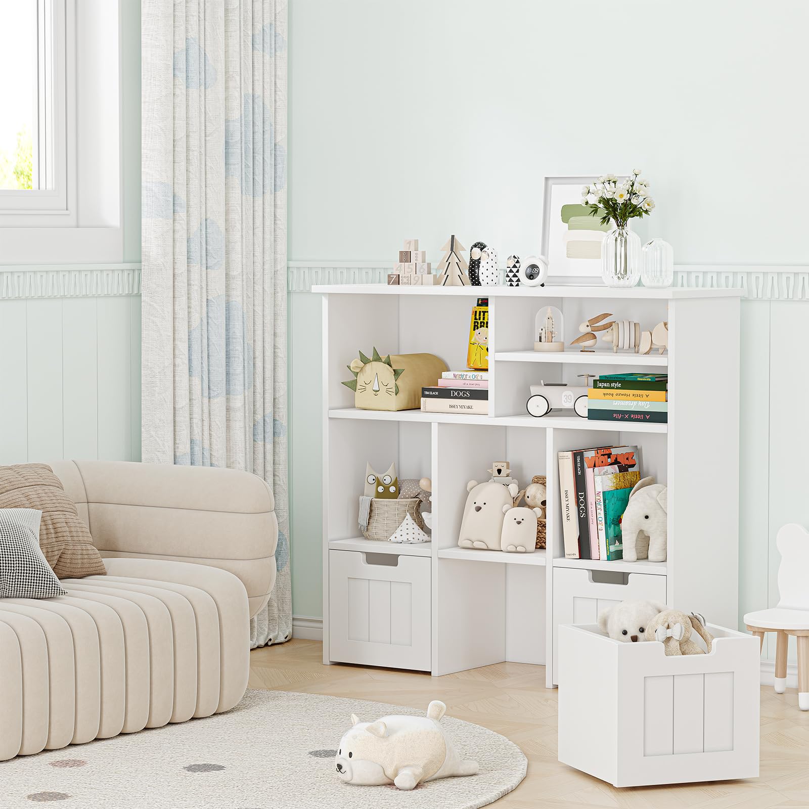 3-Tier Kids Toy Storage Organizer with Movable Drawers & Hidden Wheels - Multifunctional Bookshelf Cabinet for Nursery, Playroom, Bedroom - Perfect for Organizing Toys, Books & Kids Essentials (White)