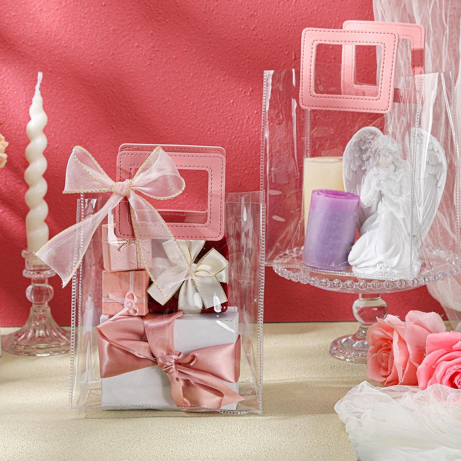 AIVER Clear Transparent Gift Bags for Wedding, Birthday, Party - Pink Square Handle Tote Shopping Bags (Set of 1 Medium) - Perfect for Bridal Showers, Baby Showers & Special Occasions