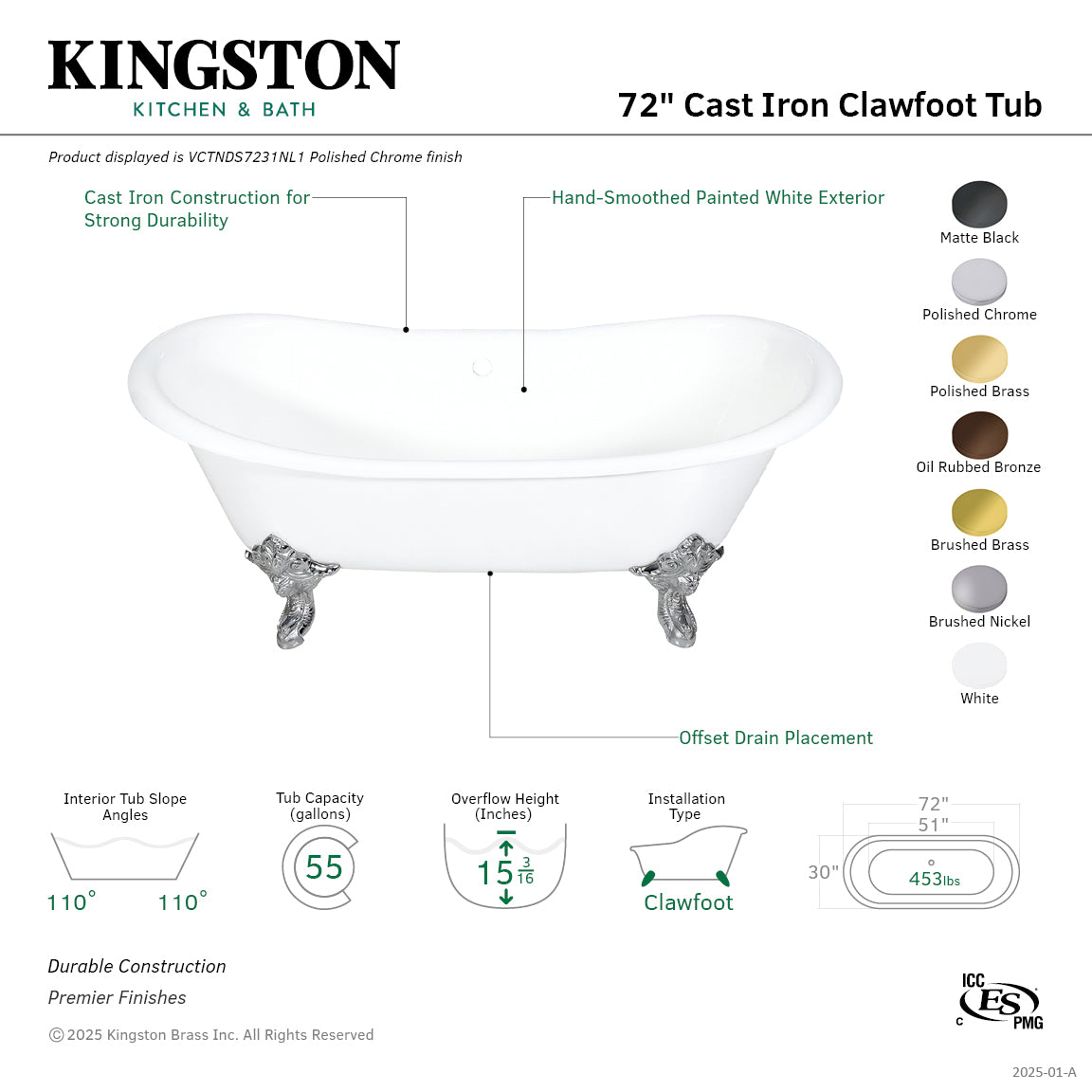 72 Inch White Matte Black Cast Iron Clawfoot Bathtub - Oval Double Slipper Design Without Faucet Drillings | Vintage Bathroom Centerpiece for Luxury Spa & Master Suite