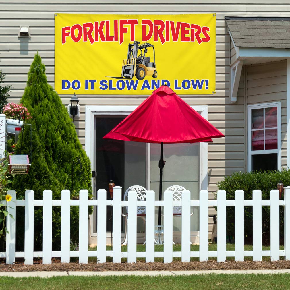 Vinyl Banner - Multiple Sizes (48x96 Inches) for Forklift Safety - Slow & Low Industrial Yard Signs - Weatherproof & Durable with 8 Grommets - Perfect for Warehouses, Construction Sites & Outdoor Safety Warnings