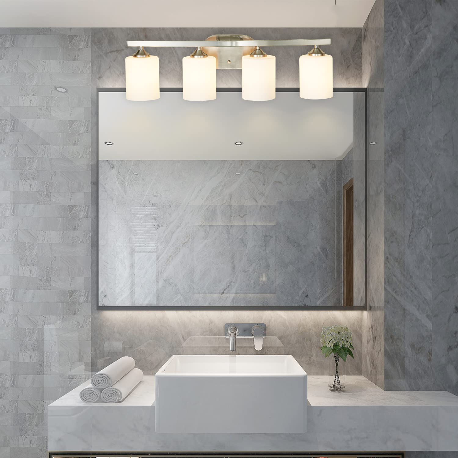 4-Light Brushed Nickel Vanity Fixture with White Glass Shades - UL Listed Bathroom Lighting for Mirror & Makeup Area