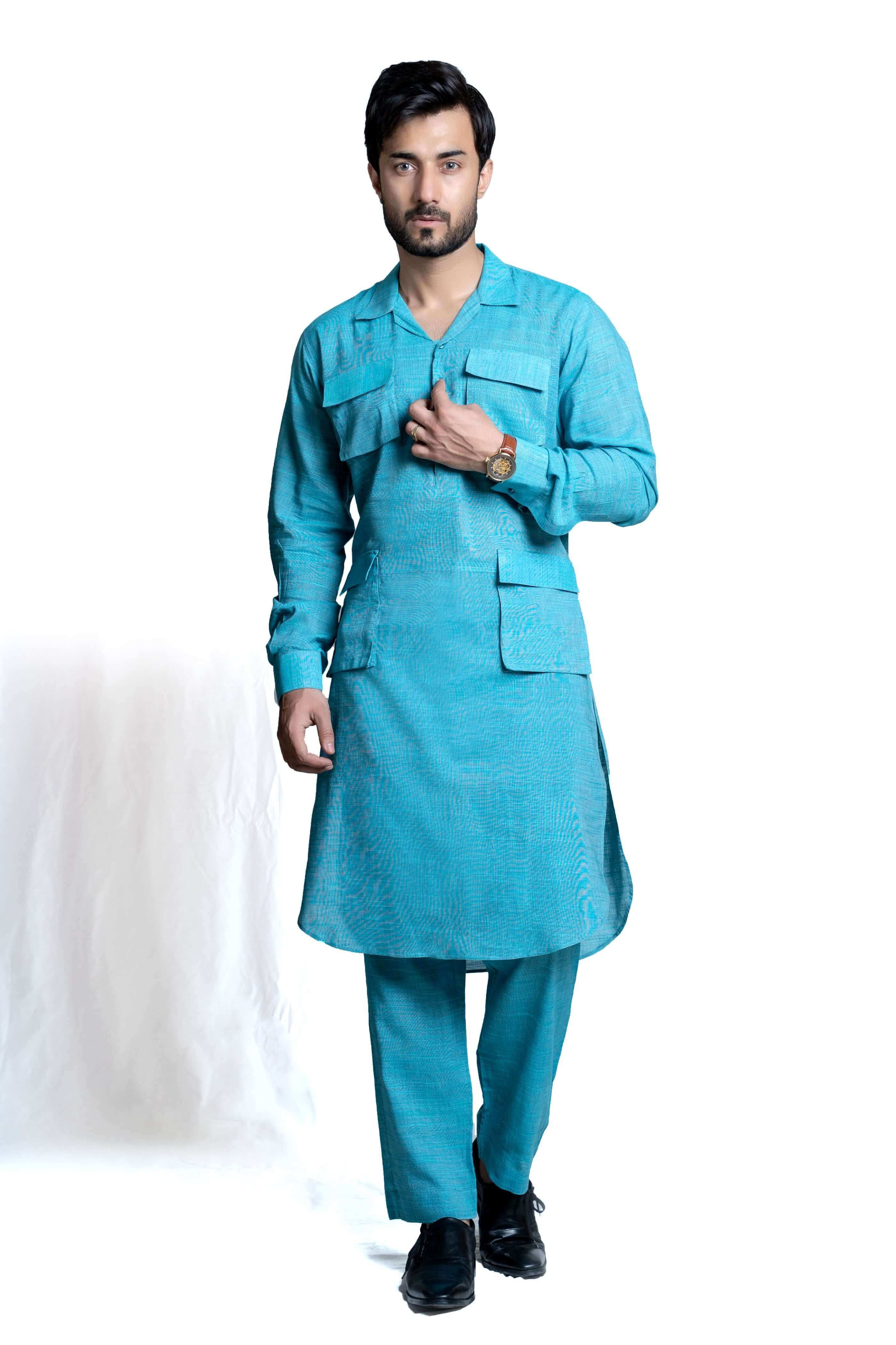 Handwoven Sky Blue Cotton 'Army DX' Kameez Shalwar - Traditional Pakistani Suit for Women, Comfortable & Breathable Ethnic Wear - Perfect for Weddings, Festivals & Special Occasions