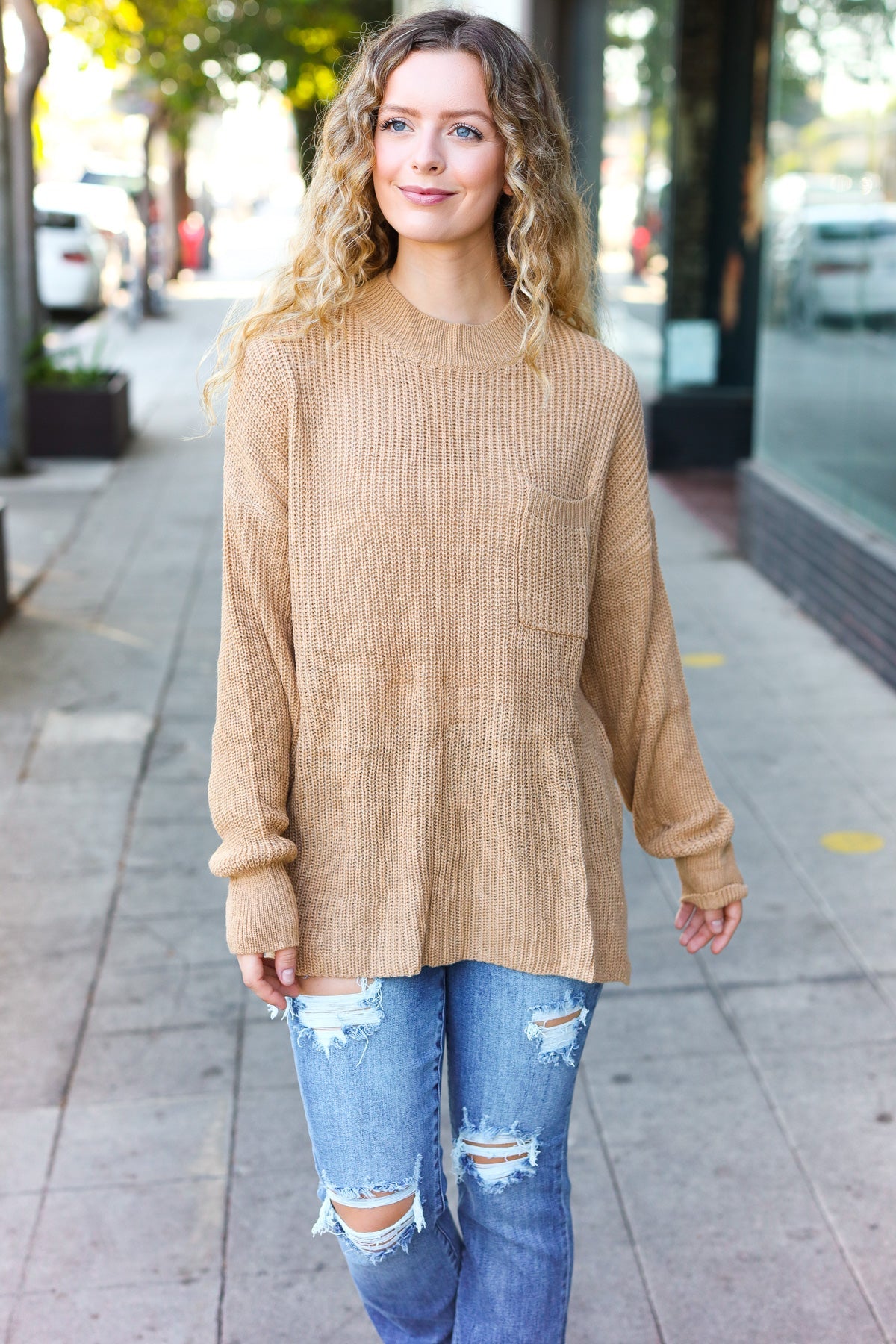 Elegant Taupe Mock Neck Knit Sweater with Chest Pocket - Women's Casual Winter Pullover for Office & Date Night