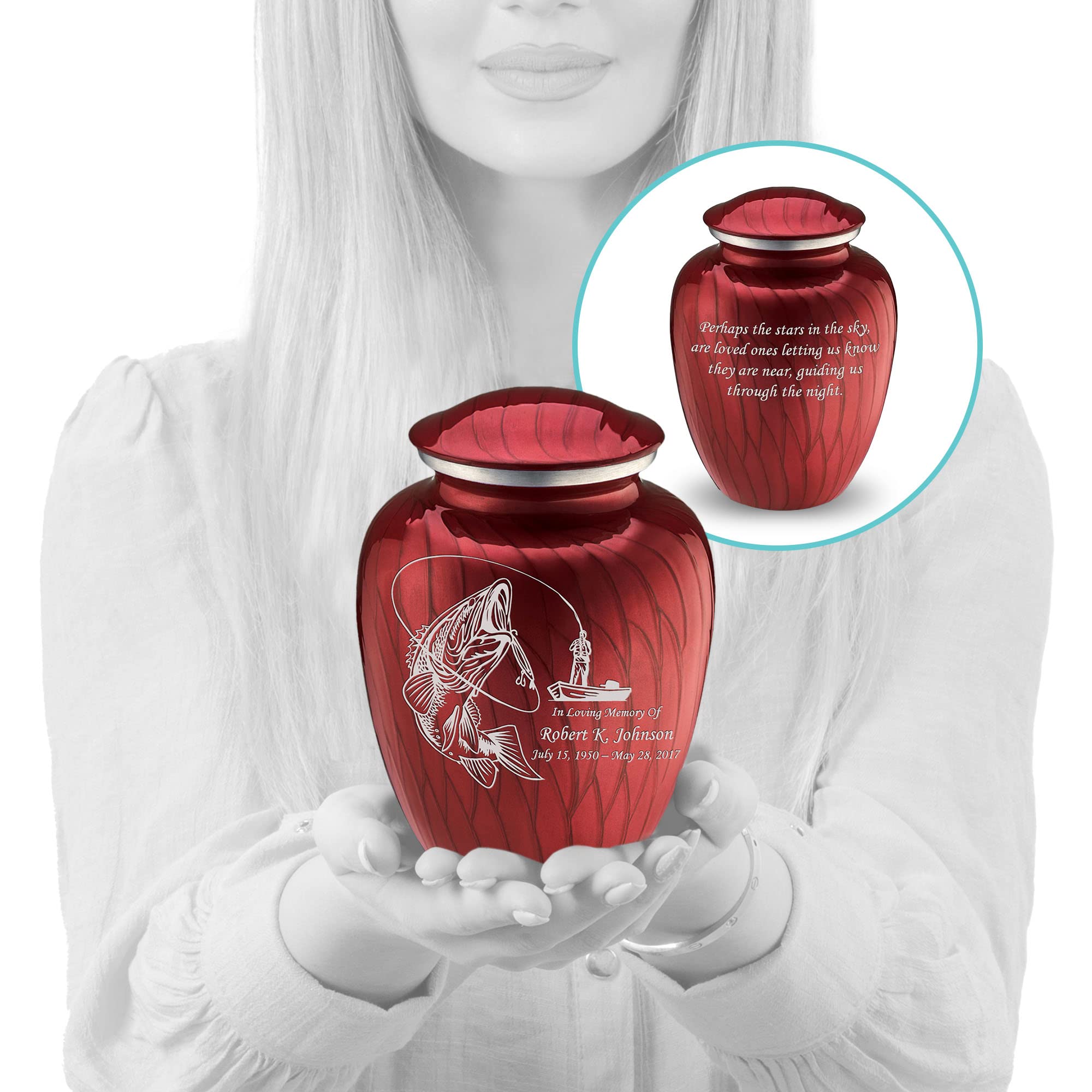 Personalized Fishing Cremation Urns for Ashes - Pearl Candy Red Funeral Urn with Double Side Engraving for Men & Women (44 lbs) | Memorial Keepsake for Anglers, Perfect for Home Display or Scattering Ceremonies
